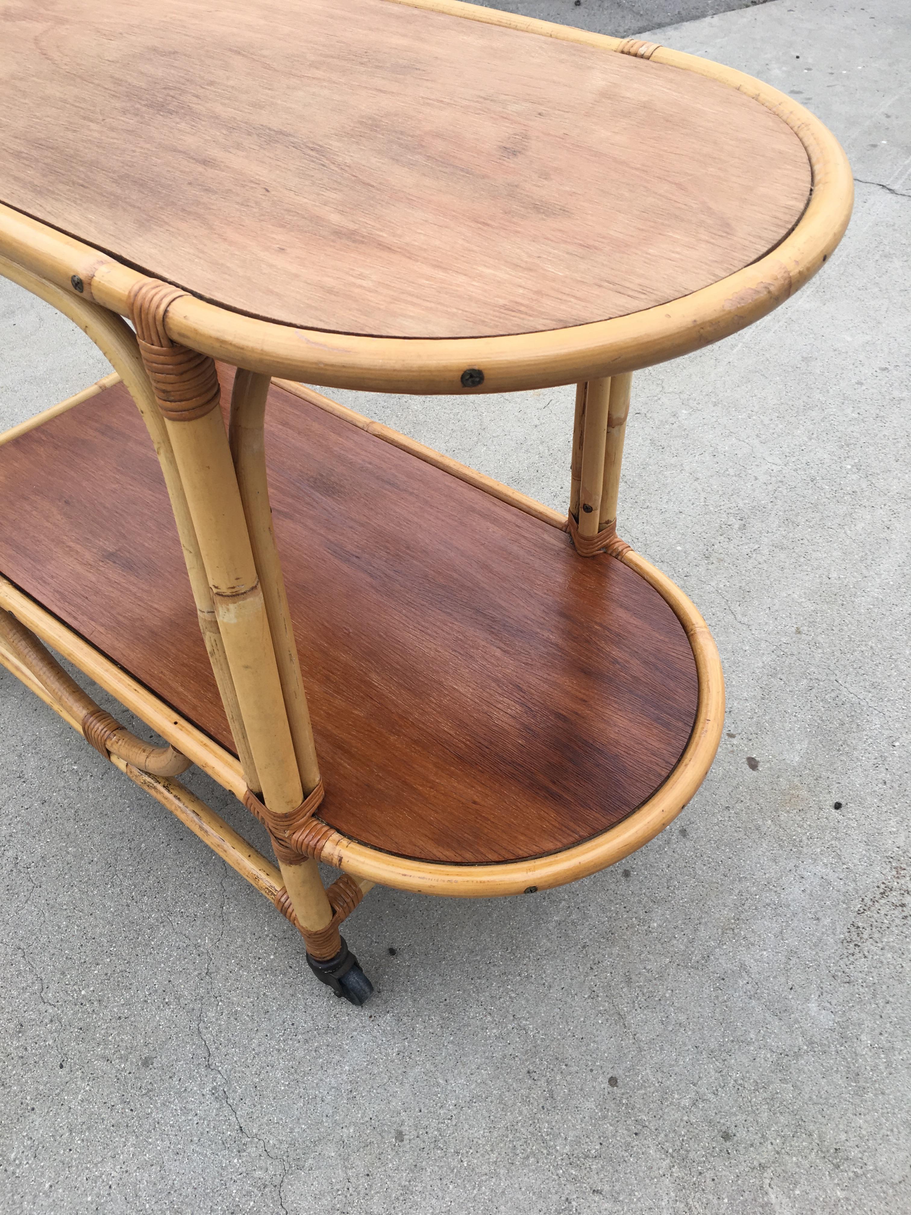 American Two-Tier Rattan and Mahogany Tombstone Bar Cart For Sale