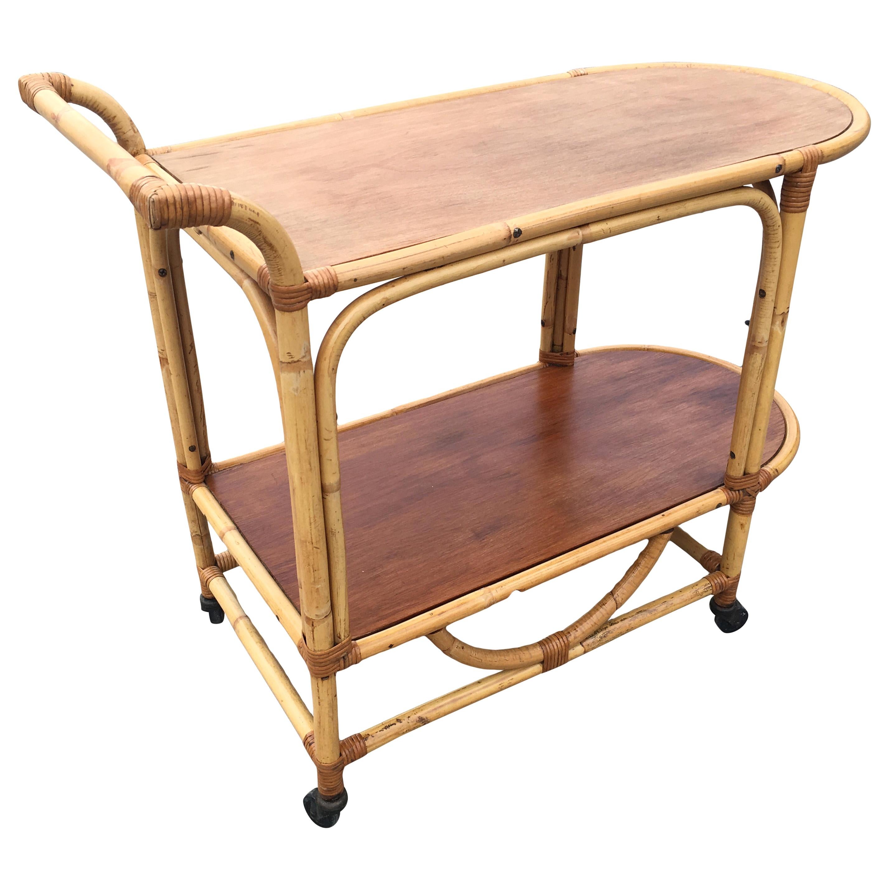 Two-Tier Rattan and Mahogany Tombstone Bar Cart For Sale