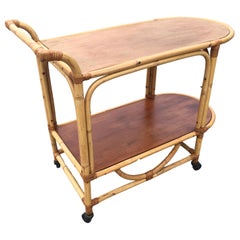 Vintage Two-Tier Rattan and Mahogany Tombstone Bar Cart