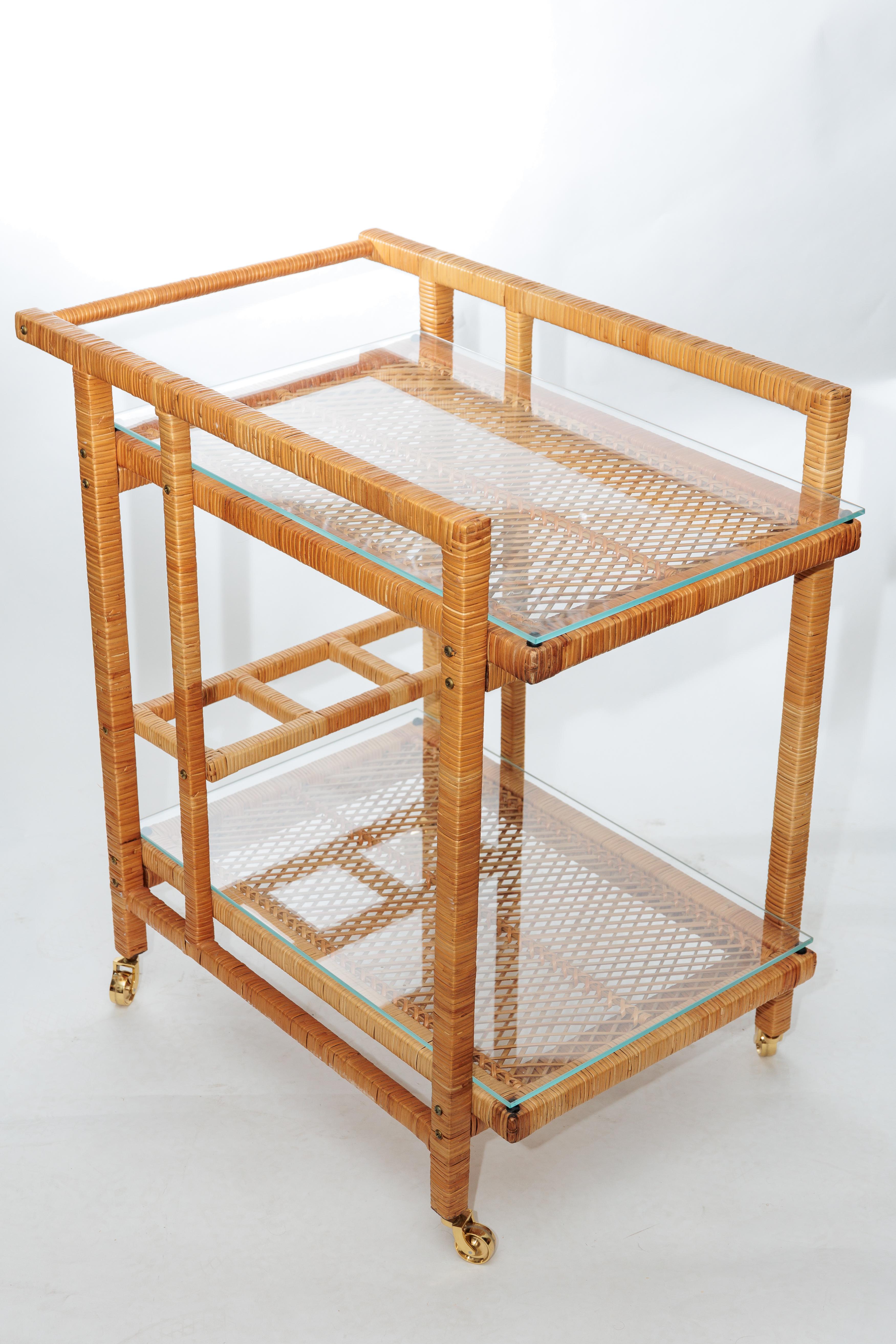 American Two Tier Rattan Rolling Bar Cart with Glass Tops and Brass Hardware