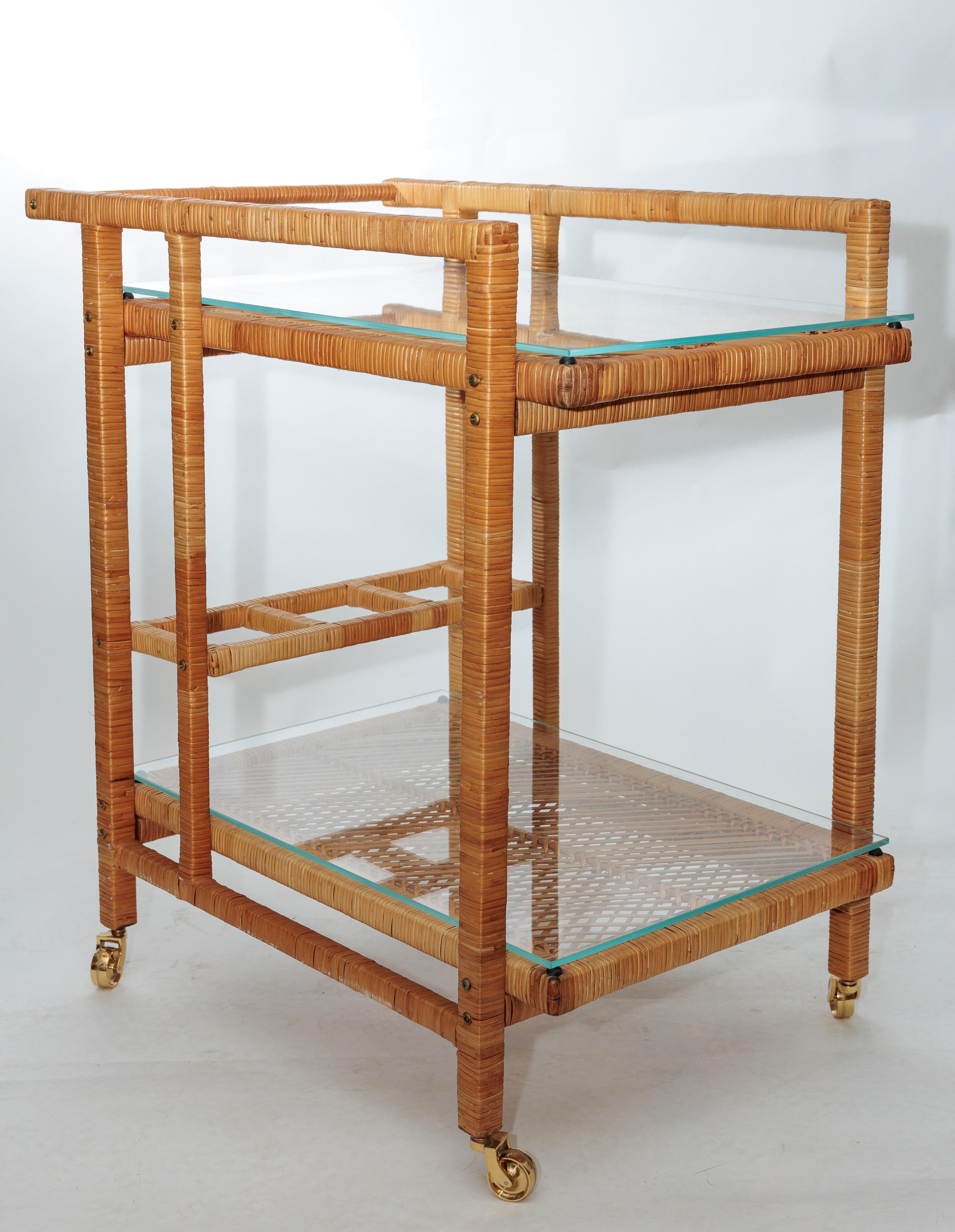 Hand-Crafted Two Tier Rattan Rolling Bar Cart with Glass Tops and Brass Hardware