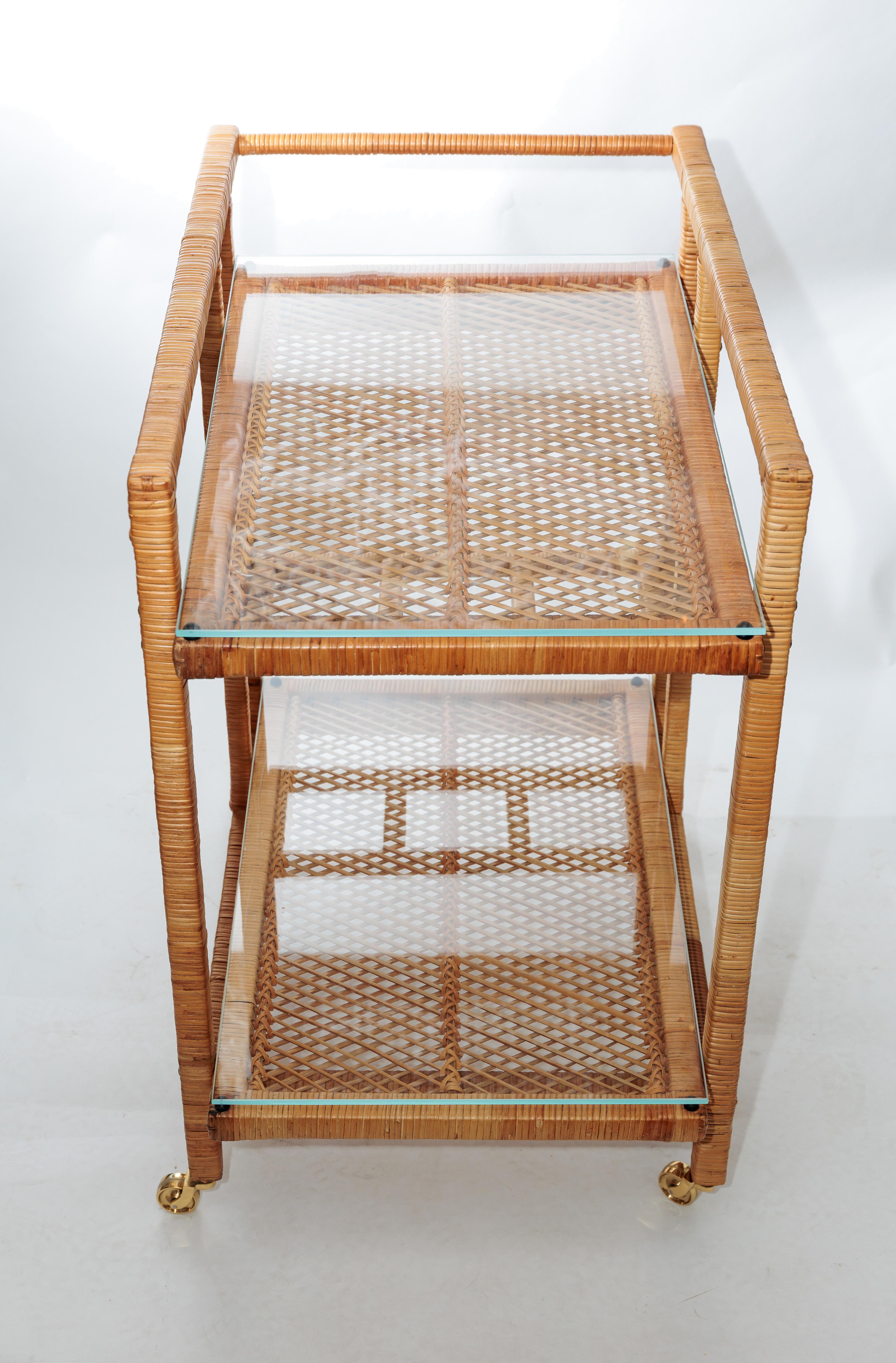 Two Tier Rattan Rolling Bar Cart with Glass Tops and Brass Hardware In Good Condition In Bridgehampton, NY