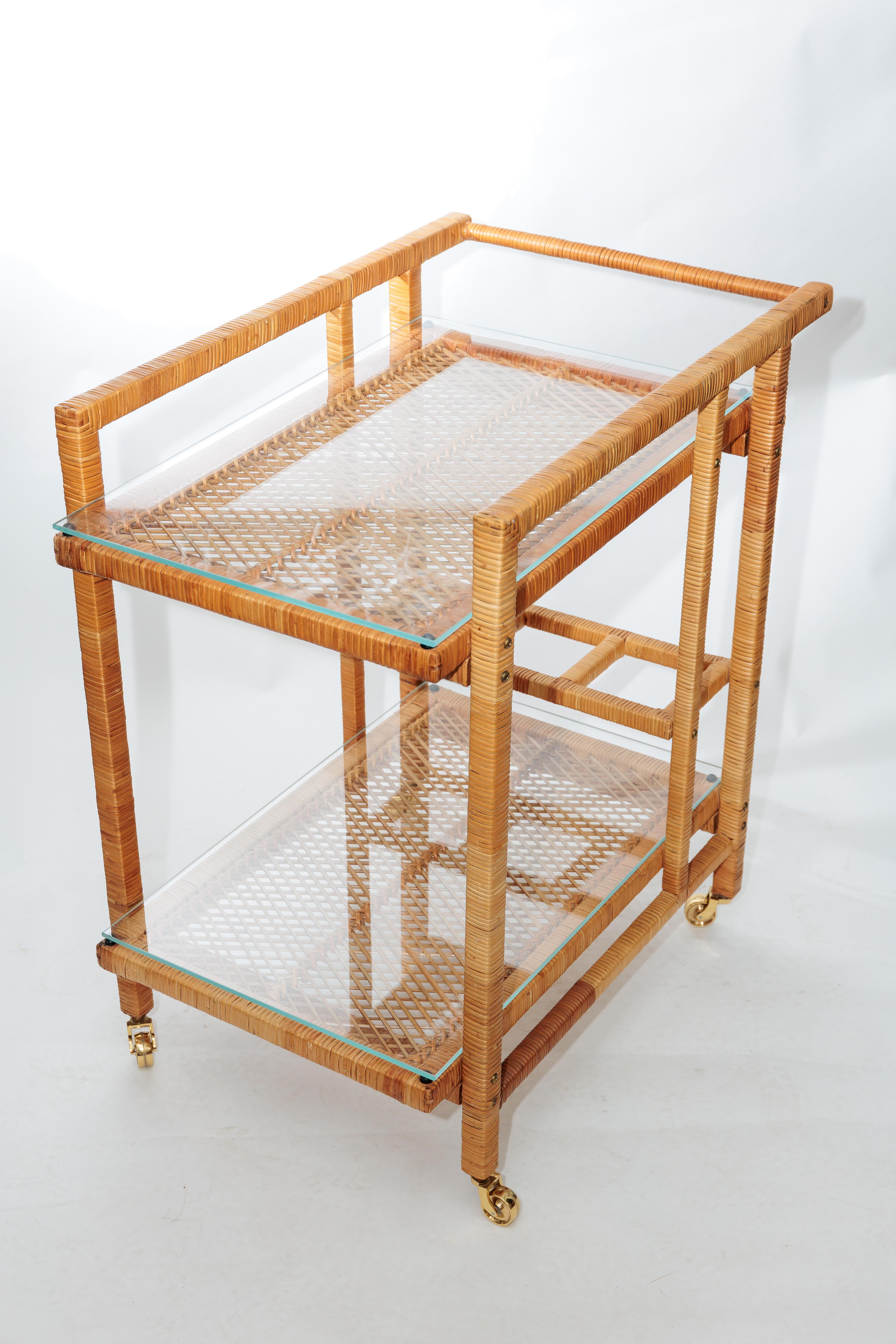 20th Century Two Tier Rattan Rolling Bar Cart with Glass Tops and Brass Hardware