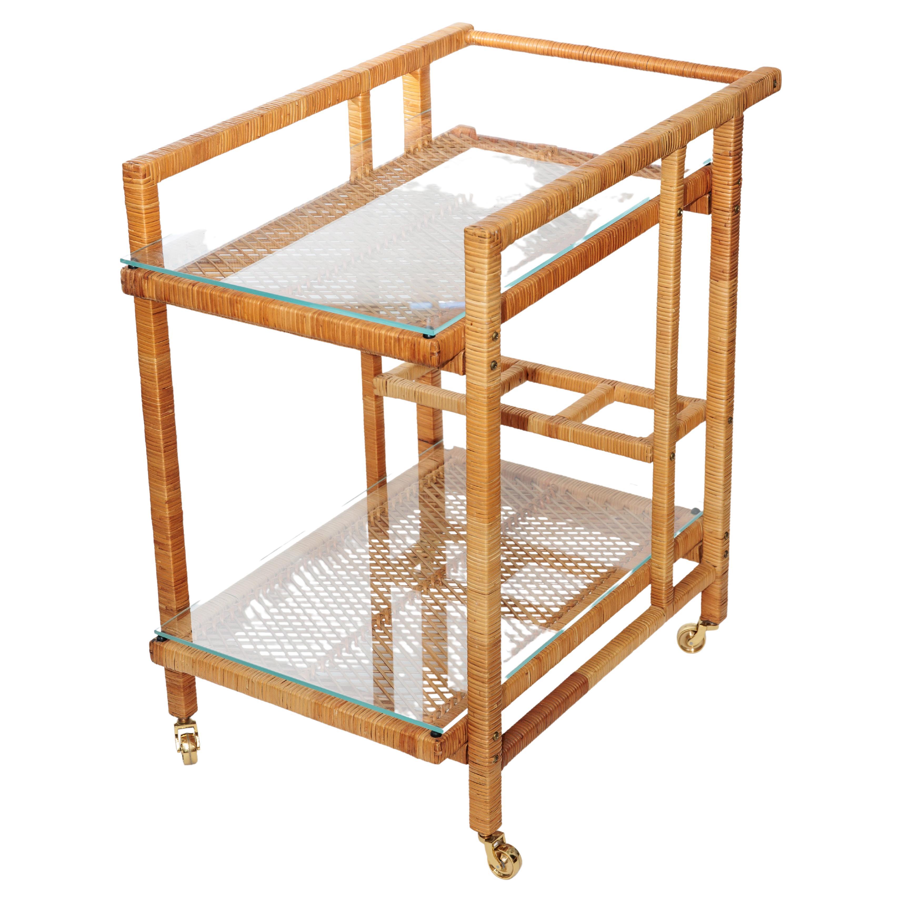 Two Tier Rattan Rolling Bar Cart with Glass Tops and Brass Hardware For  Sale at 1stDibs