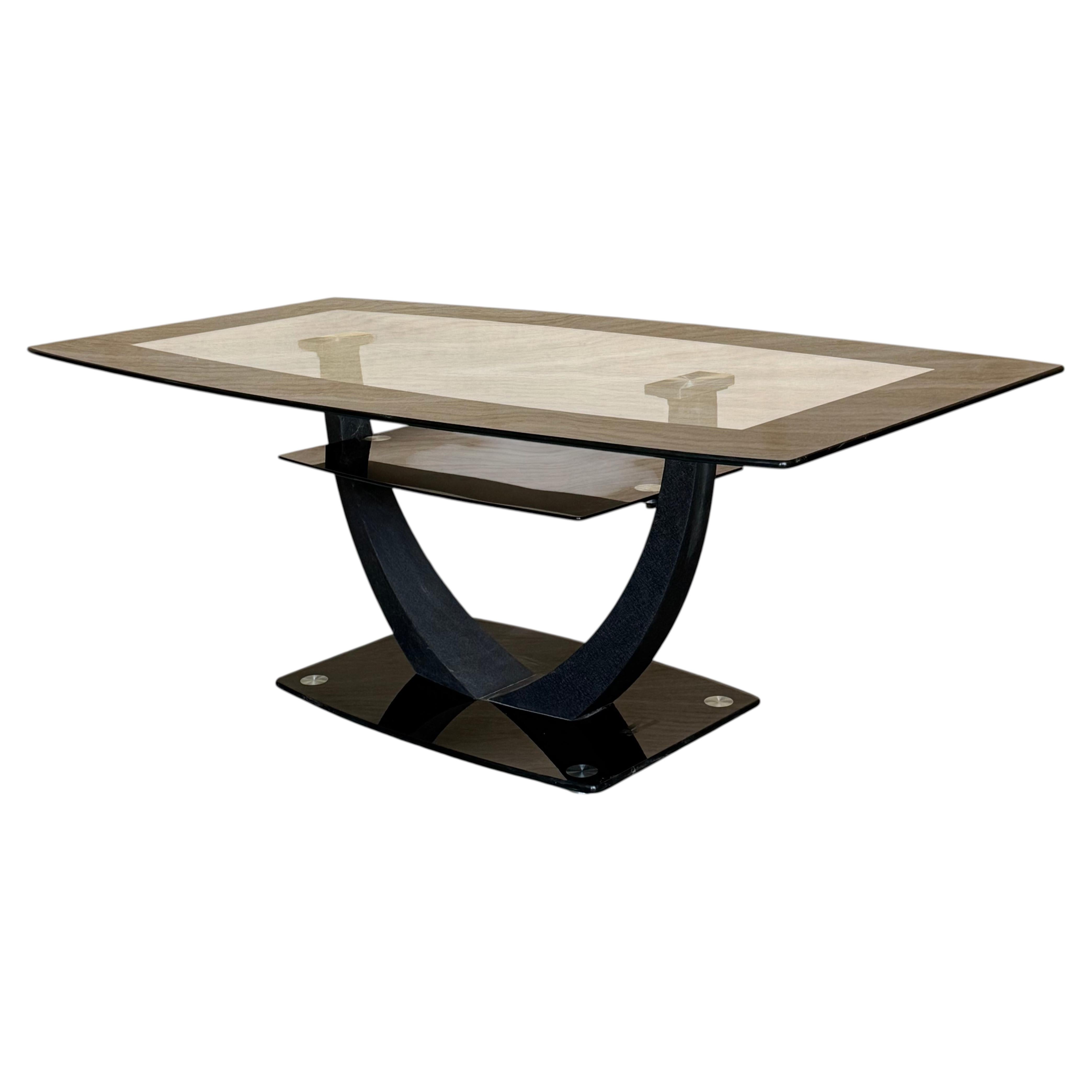 Two Tier Rectangular Coffee table with Black Glass and Metal Pedestal Base