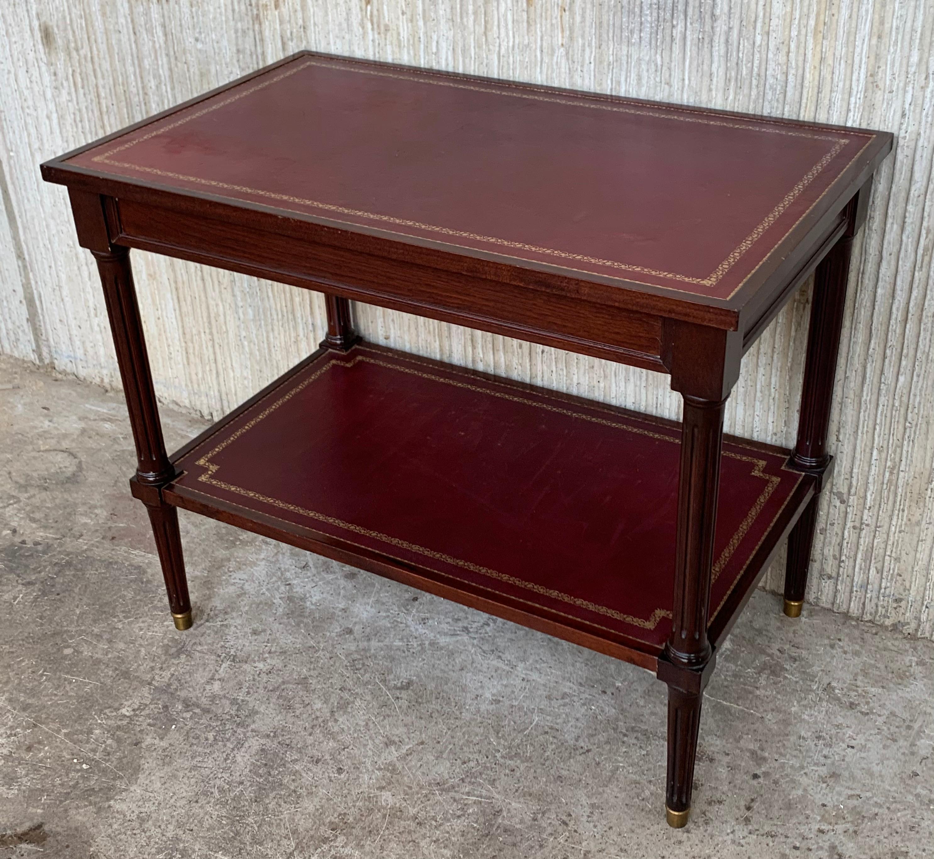 French Two-Tier Red Leather Top Empire Mahogany End Table