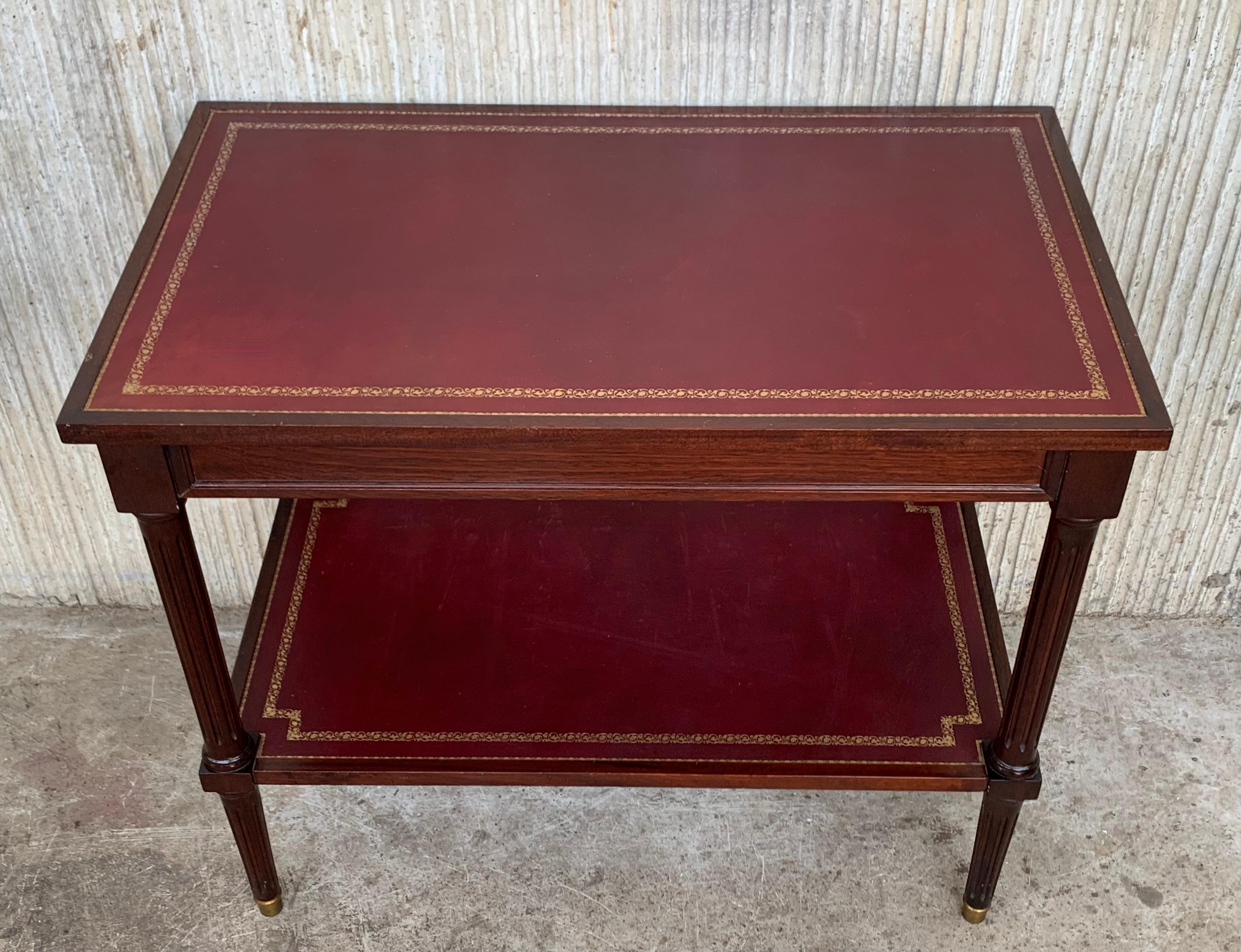 Two-Tier Red Leather Top Empire Mahogany End Table In Good Condition In Miami, FL