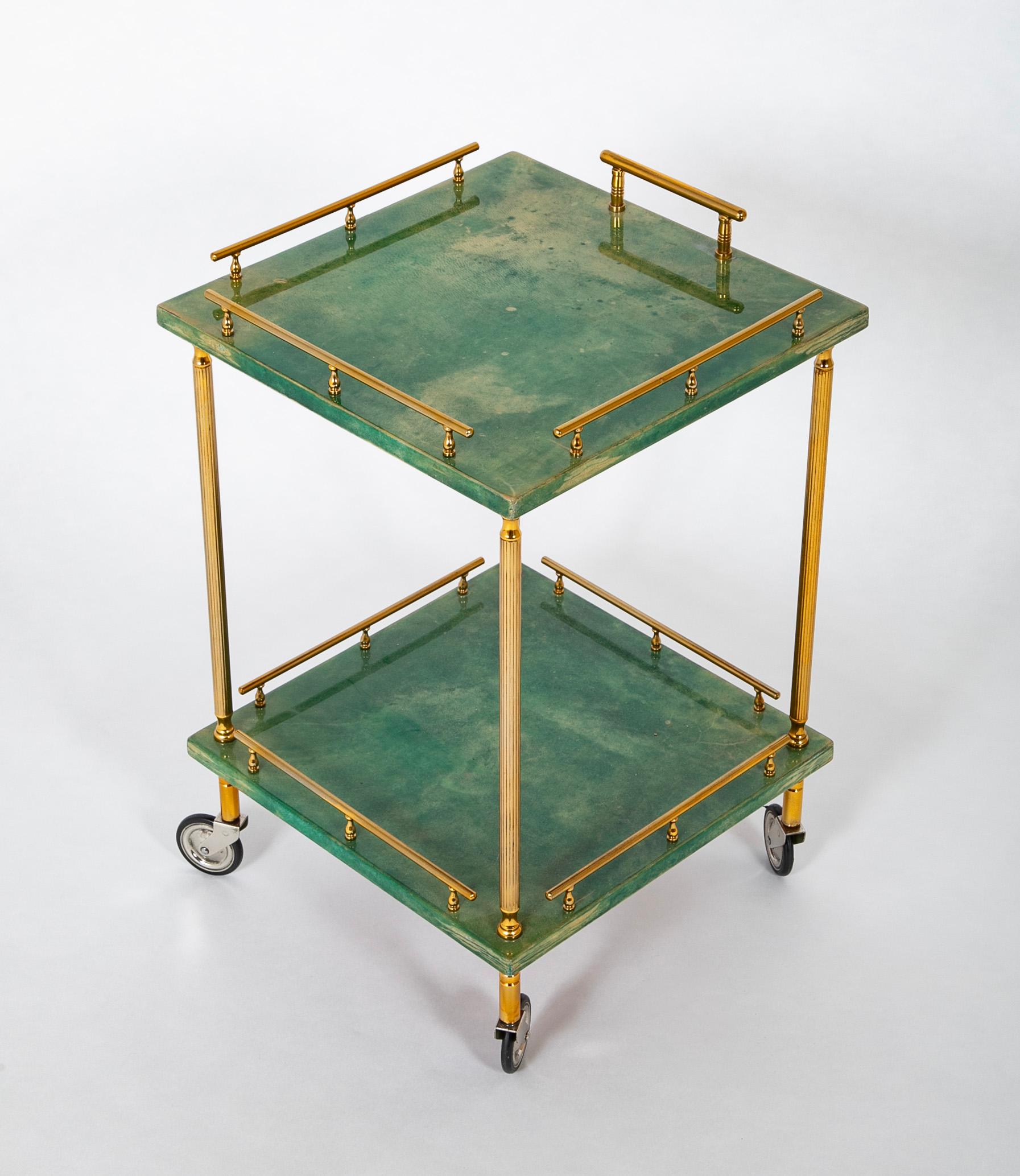 Brass Two Tier Rolling Cart by Aldo Tura For Sale