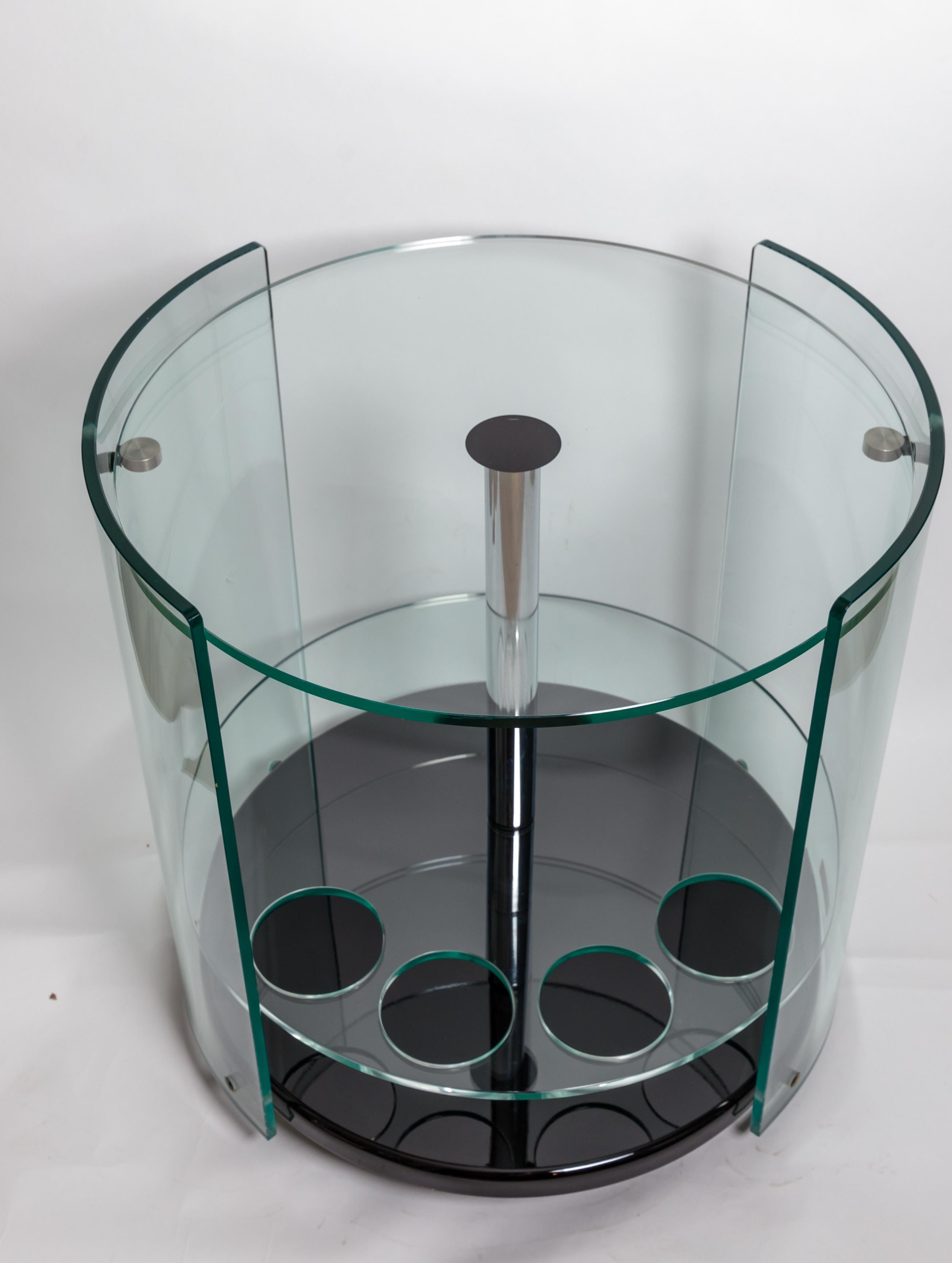 Modern Two Tier Rolling Round Glass Bar Cart with Black Base and Chrome Detail For Sale