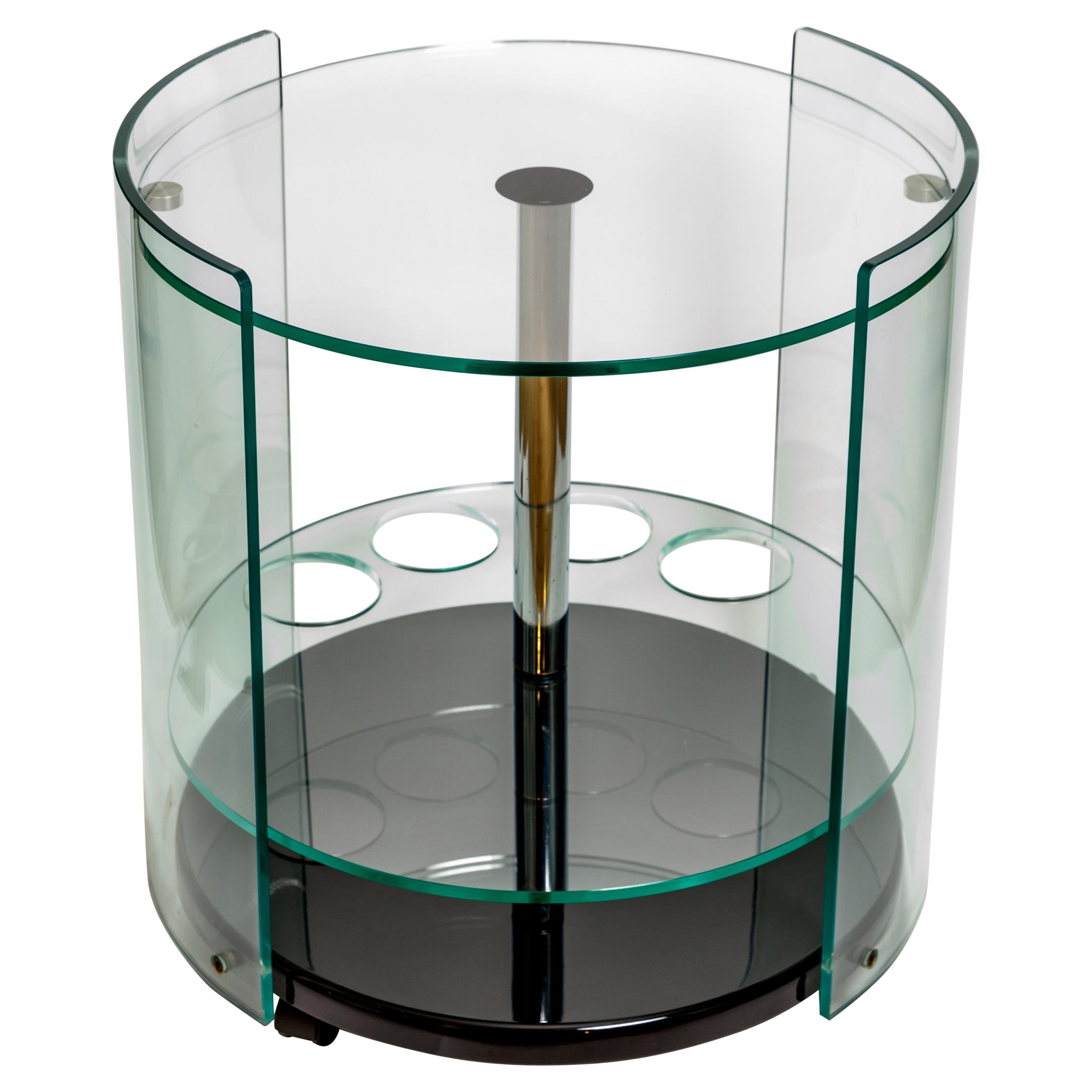 Two Tier Rolling Round Glass Bar Cart with Black Base and Chrome Detail