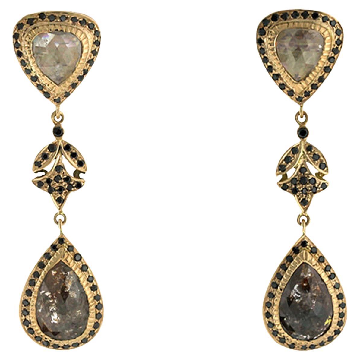 Two Tier Rosecut Diamonds Dangle Earrings In 18k yellow Gold For Sale