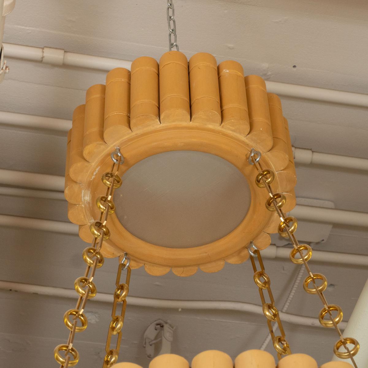 Wood Two-Tier Round Giltwood Pendant by Carlos Villegas For Sale