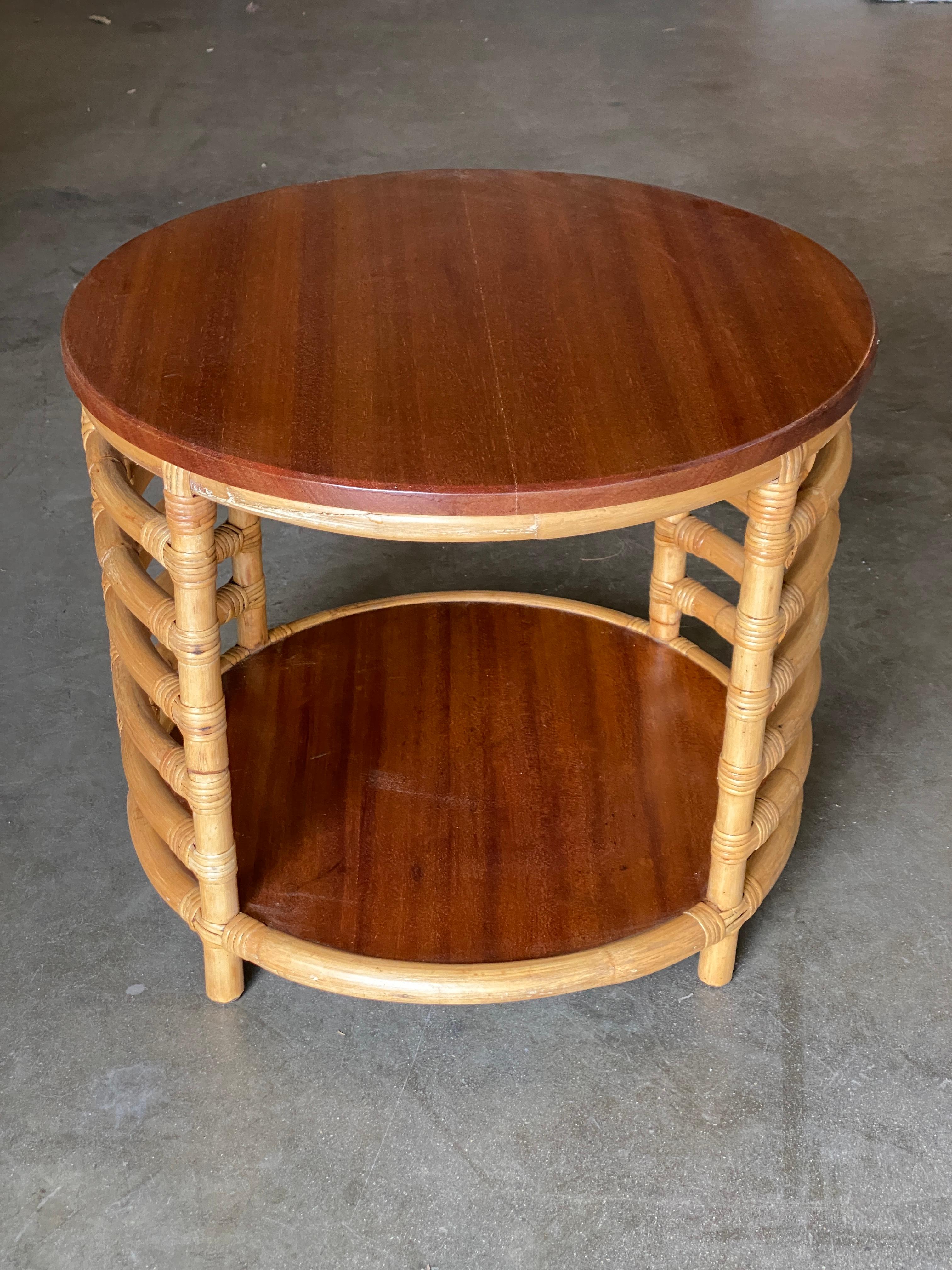 Mid-20th Century Restored Two-Tier Round Pole Rattan Side Table with Mahogany Top For Sale