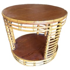 Restored MCM Two Tier Round Stick Reed Rattan Coffee Table With Mahogany
