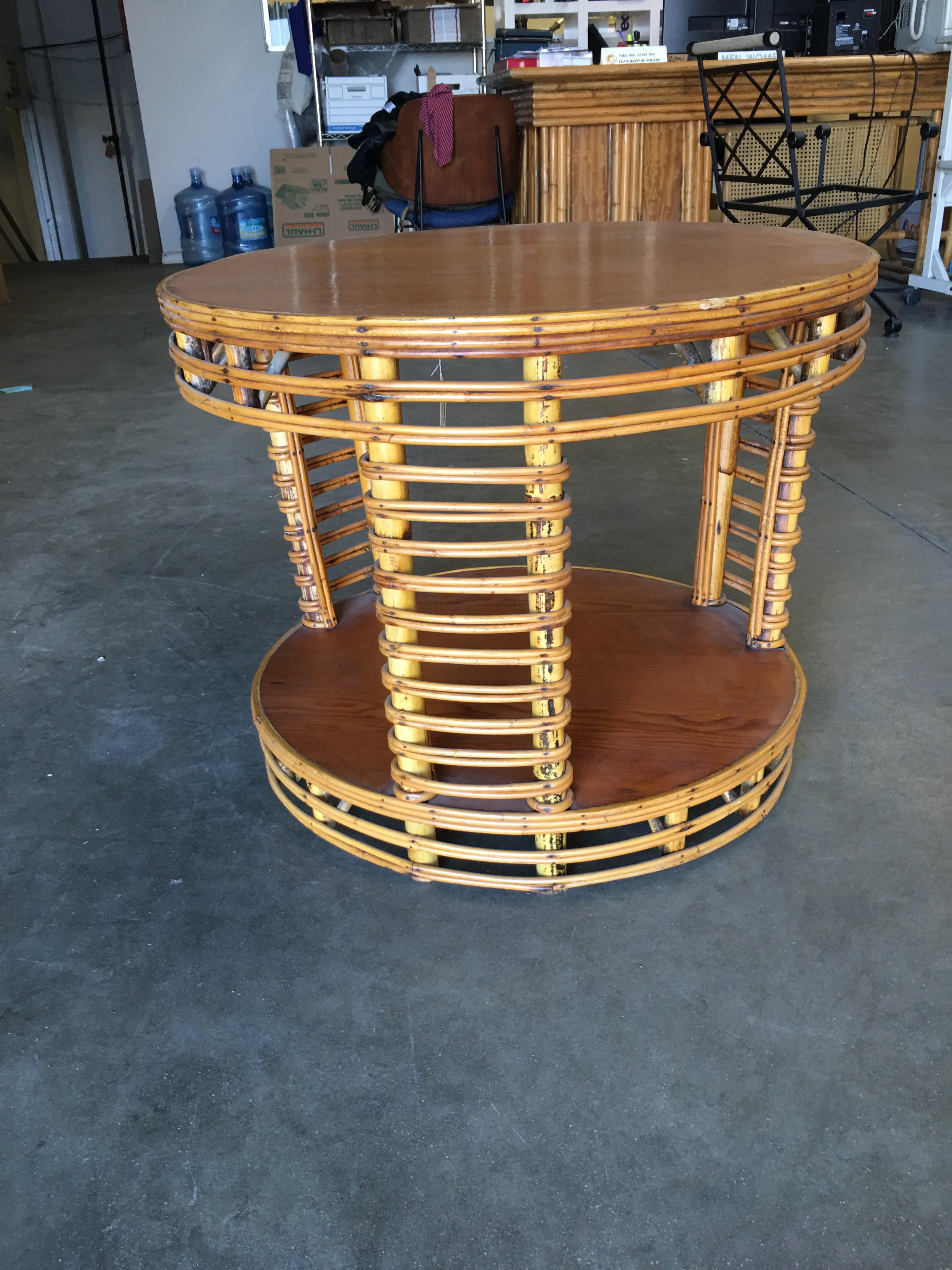 Art Deco Two-Tier Round Stick Rattan Coffee Table with Mahogany Top For Sale