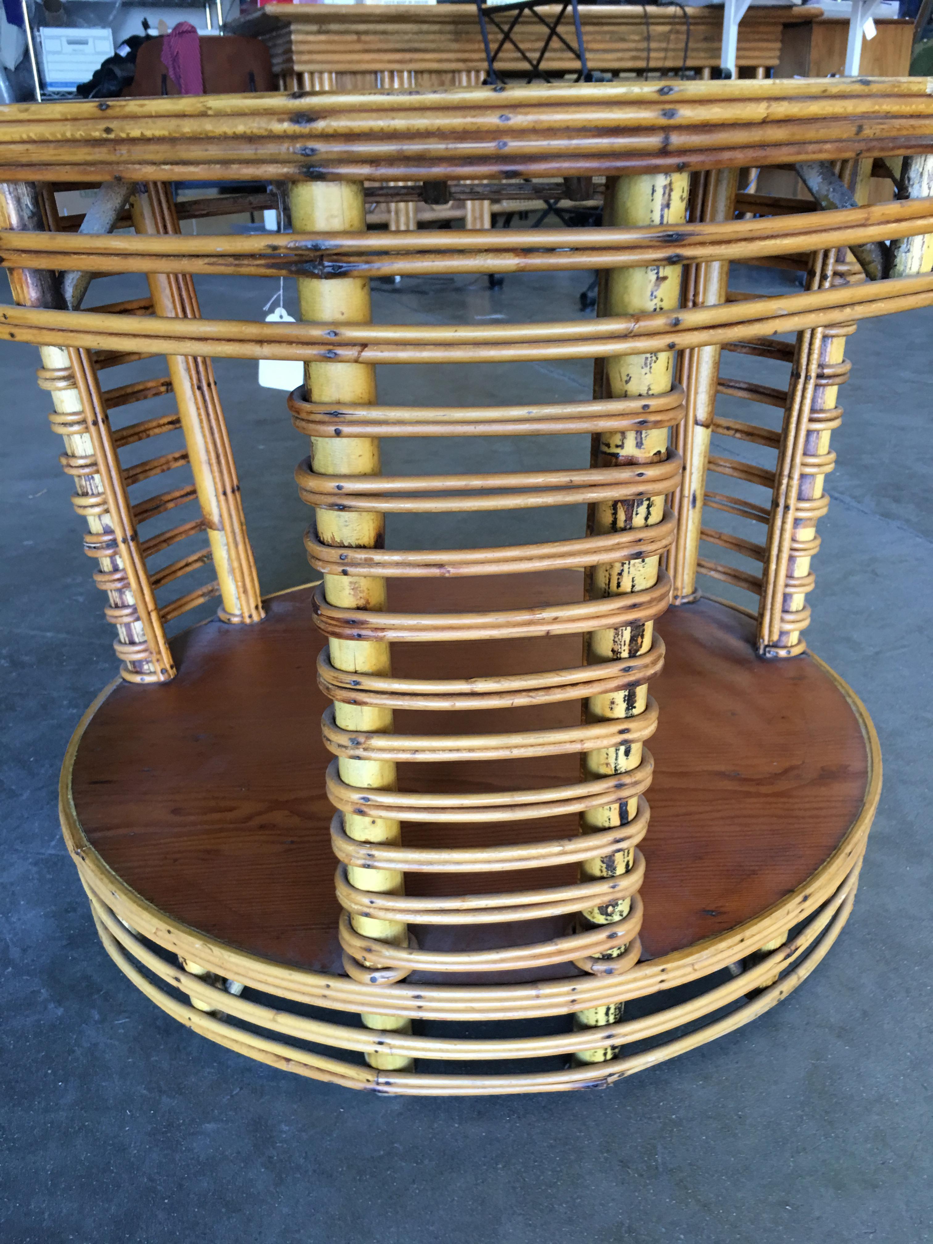 American Two-Tier Round Stick Rattan Coffee Table with Mahogany Top For Sale