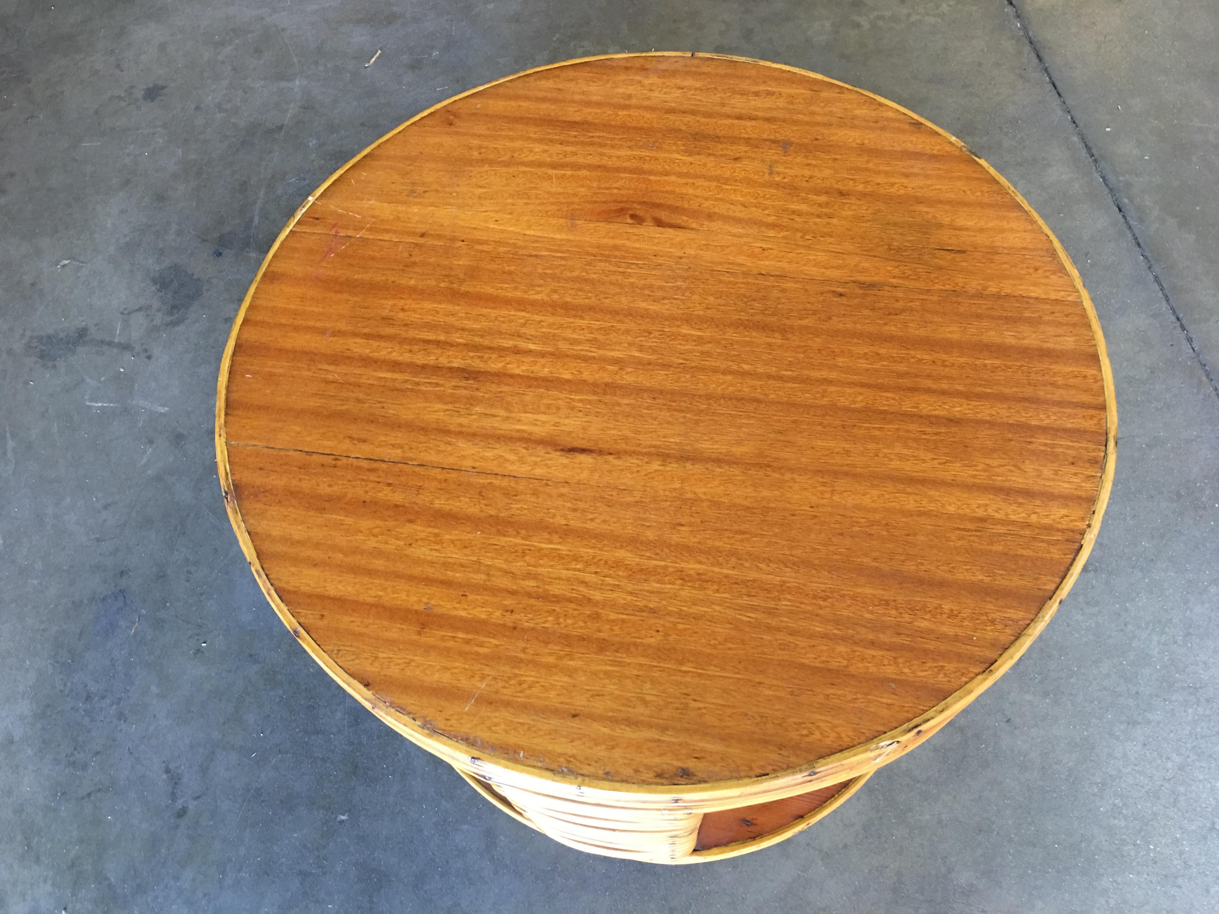 Mid-20th Century Two-Tier Round Stick Rattan Coffee Table with Mahogany Top For Sale