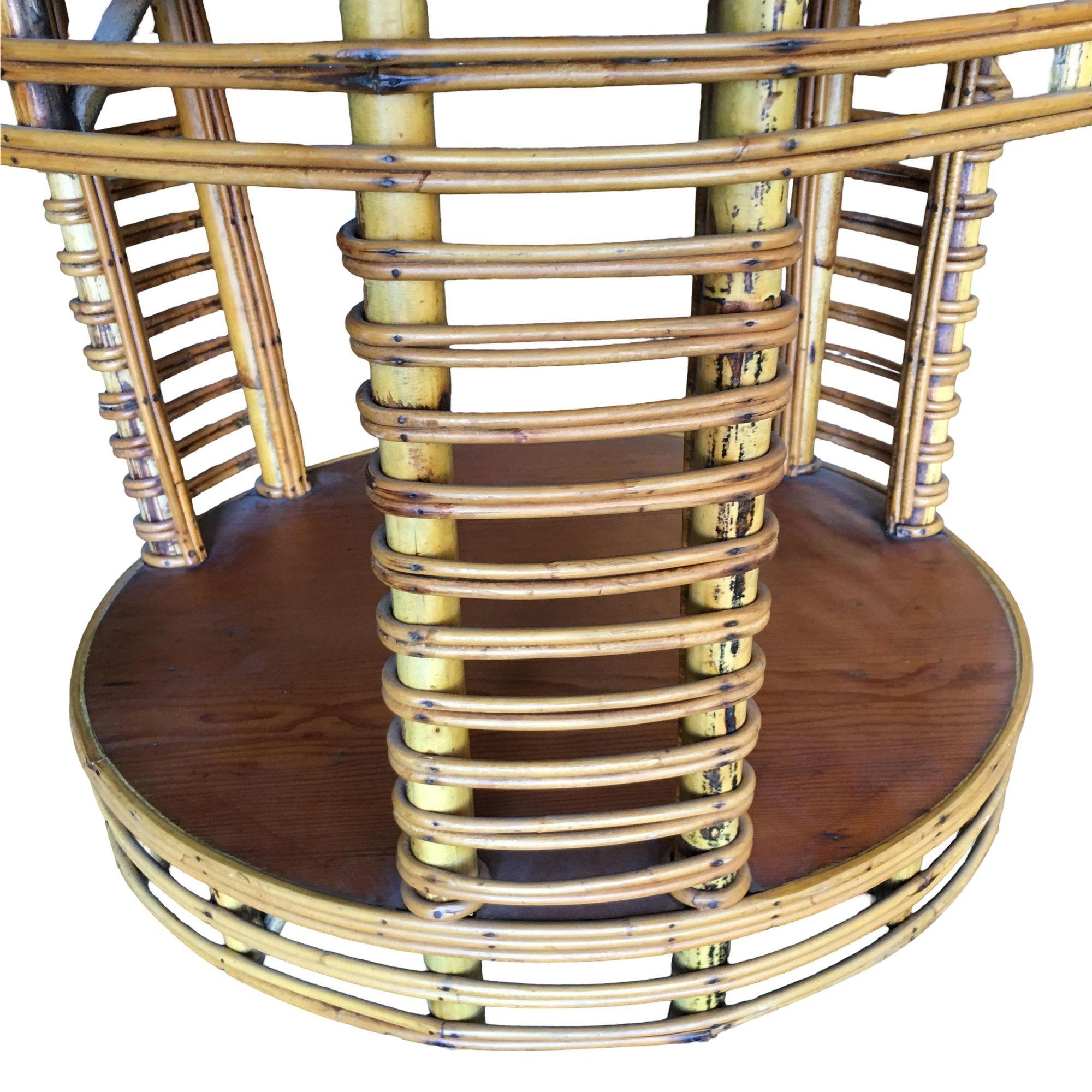 Mid-20th Century Two-Tier Round Stick Rattan Coffee Table with Mahogany Top For Sale