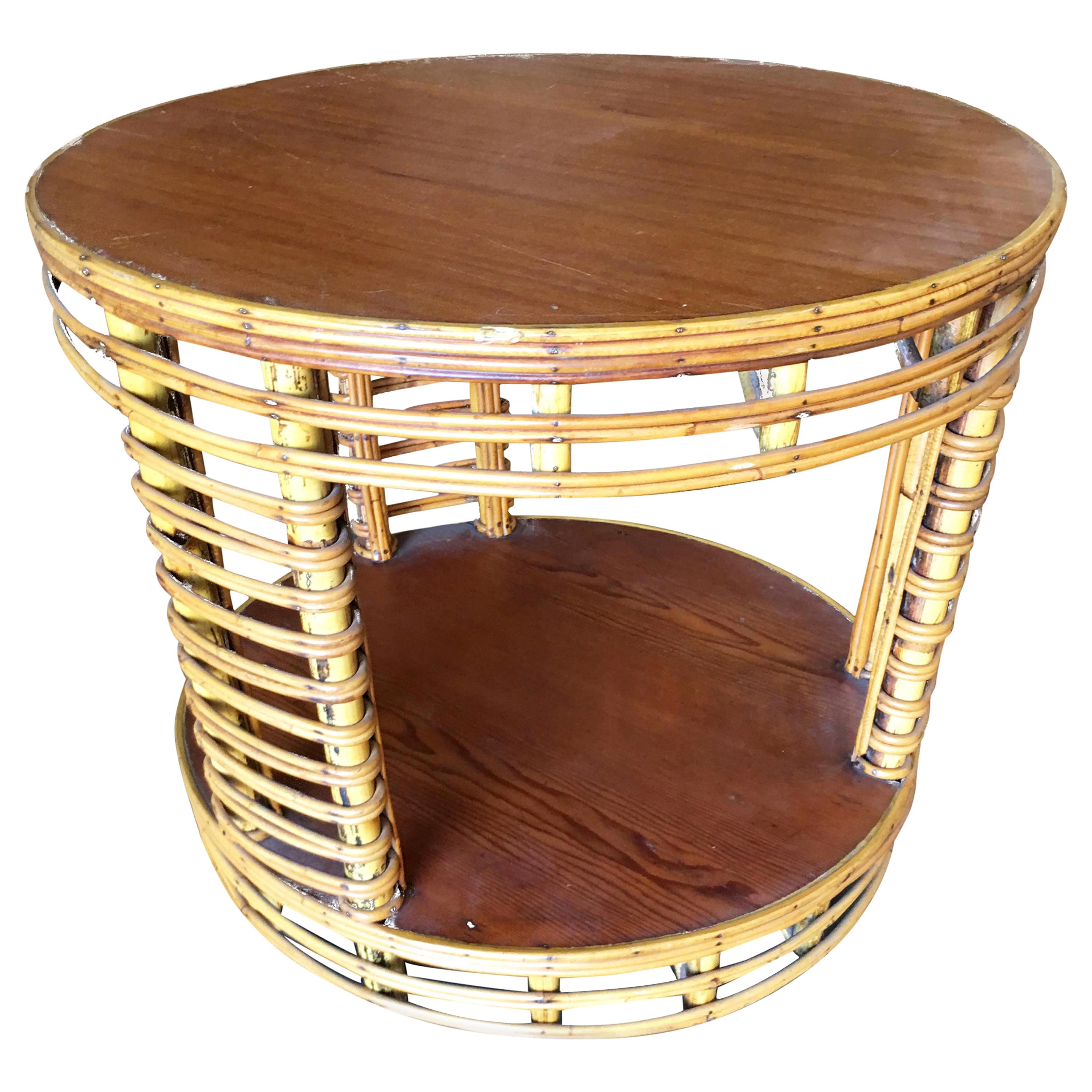 Two-Tier Round Stick Rattan Coffee Table with Mahogany Top For Sale
