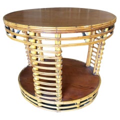 Vintage Two-Tier Round Stick Rattan Coffee Table with Mahogany Top