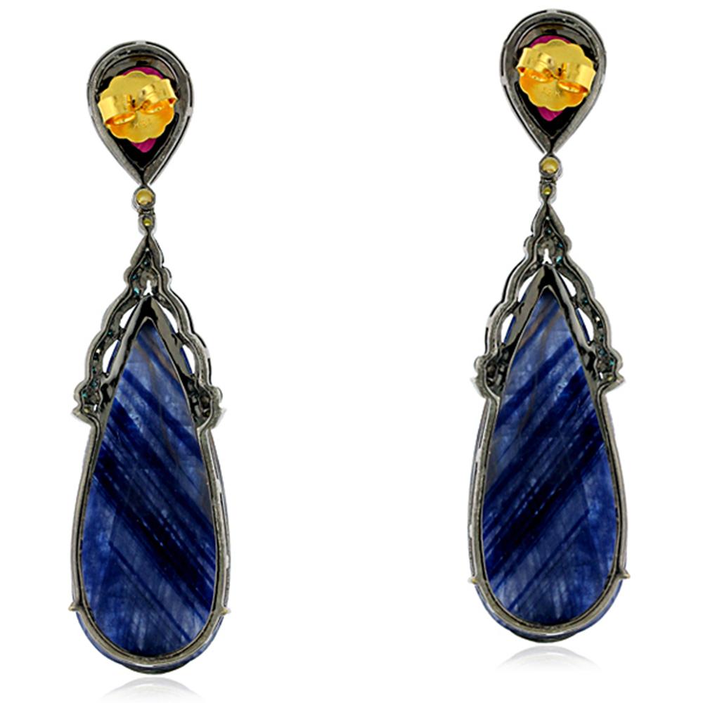 Modern Two-Tier Ruby and Sapphire Dangle Earring with Diamonds in 18k Gold and Silver For Sale