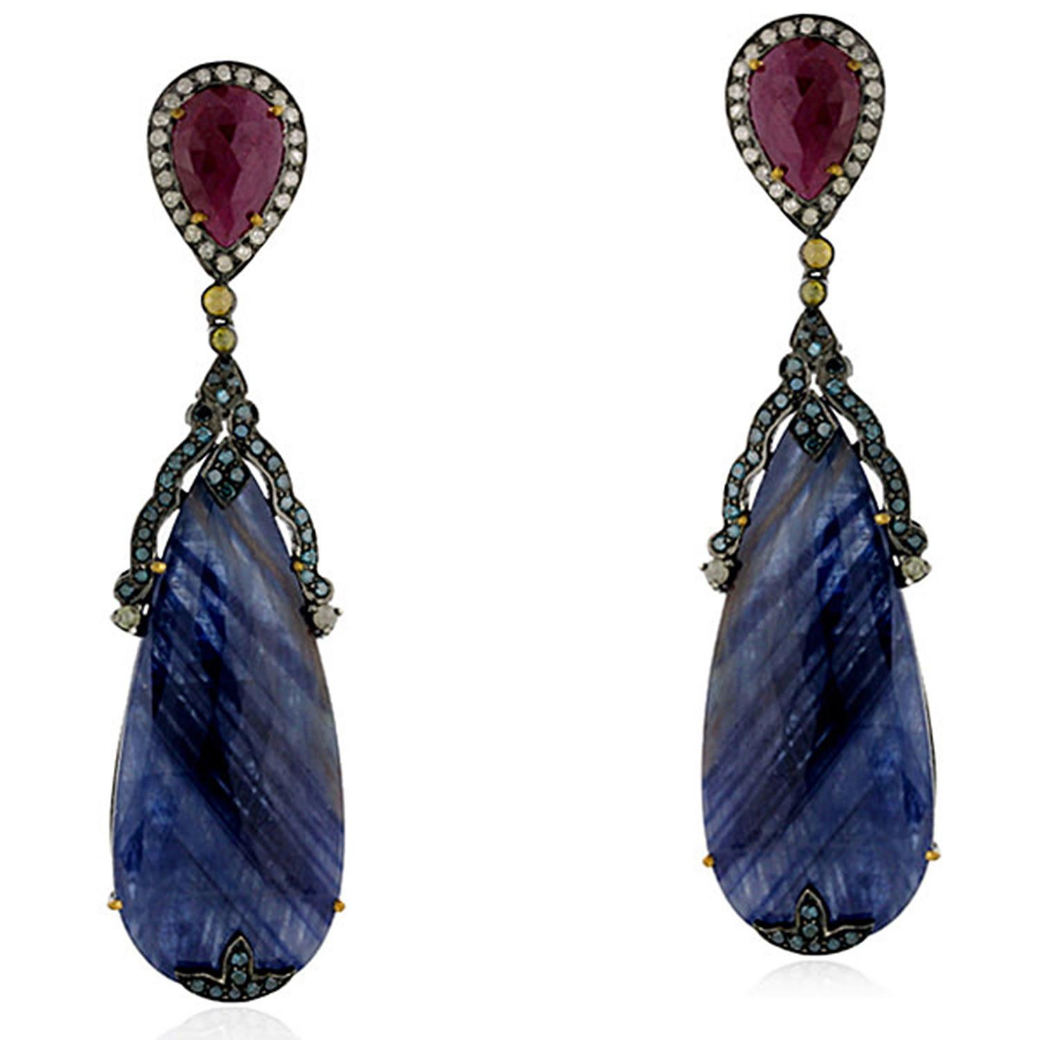 Pear Cut Two-Tier Ruby and Sapphire Dangle Earring with Diamonds in 18k Gold and Silver For Sale