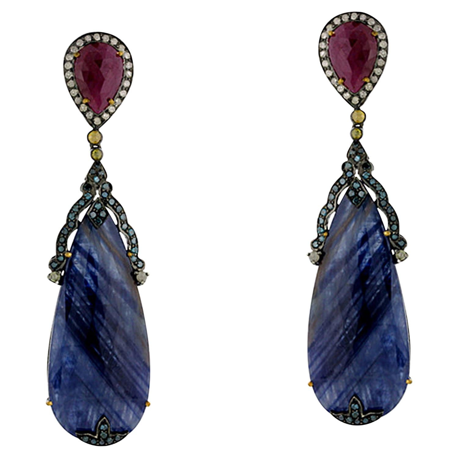 Two-Tier Ruby and Sapphire Dangle Earring with Diamonds in 18k Gold and Silver For Sale