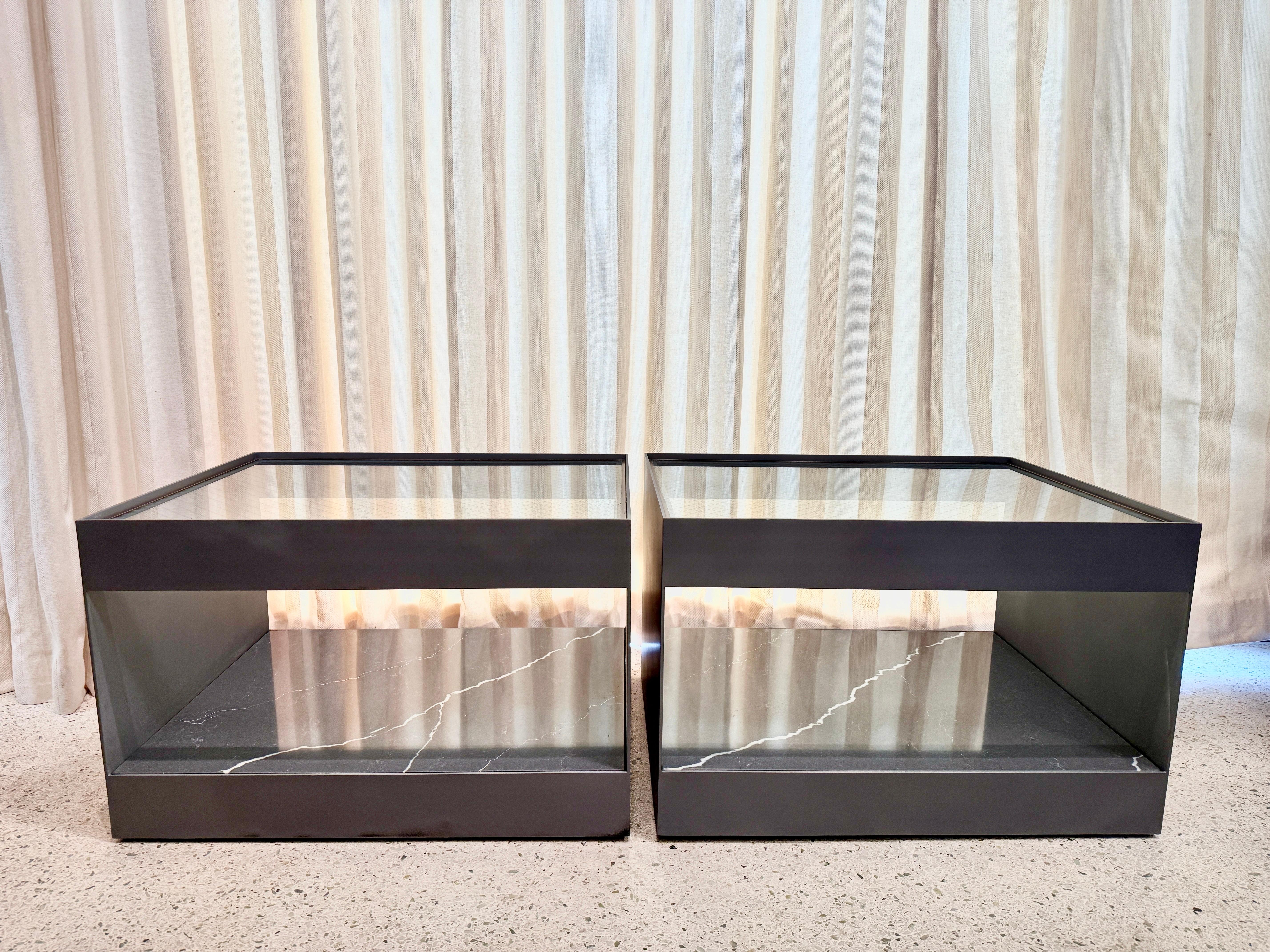 Two-Tier Safety Wire Glass Top & Brass Trim Side Tables on Casters, Pair For Sale 4