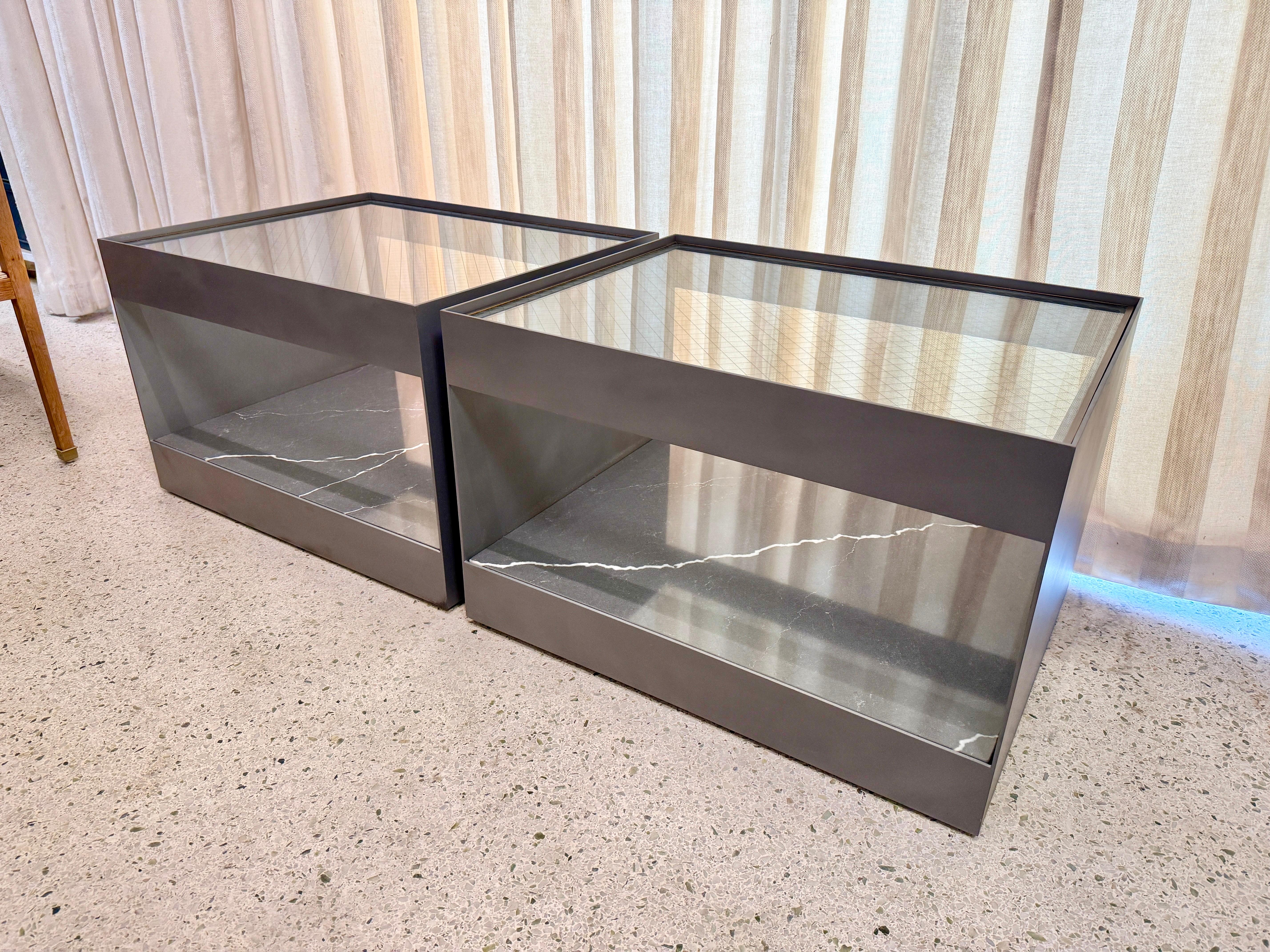 Two-Tier Safety Wire Glass Top & Brass Trim Side Tables on Casters, Pair For Sale 7