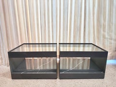 Two-Tier Safety Wire Glass Top & Brass Trim Side Tables on Casters, Pair