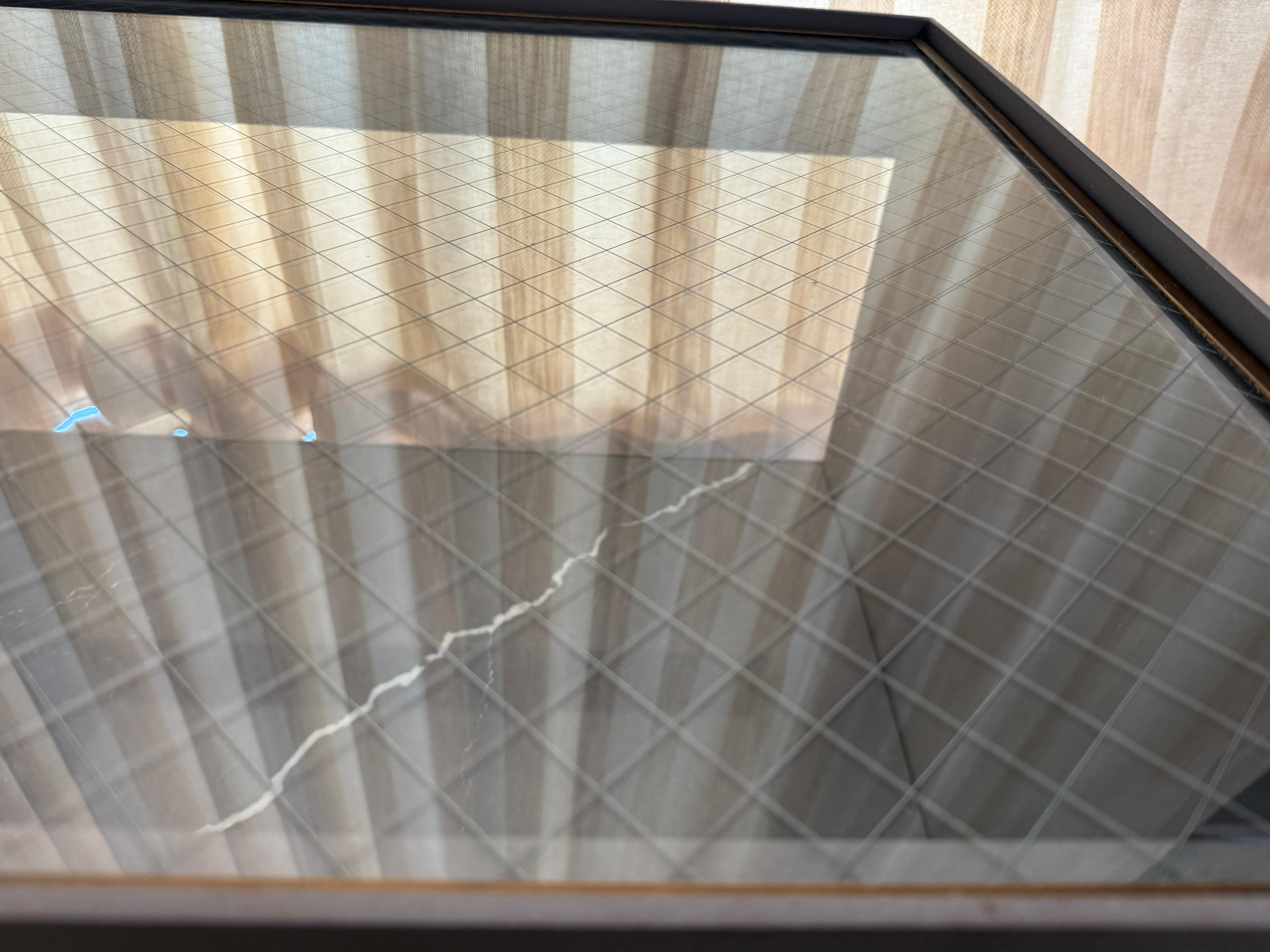 Two-Tier Safety Wire Glass Top & Brass Trim Side Tables on Casters, Pair In Good Condition For Sale In North Miami, FL