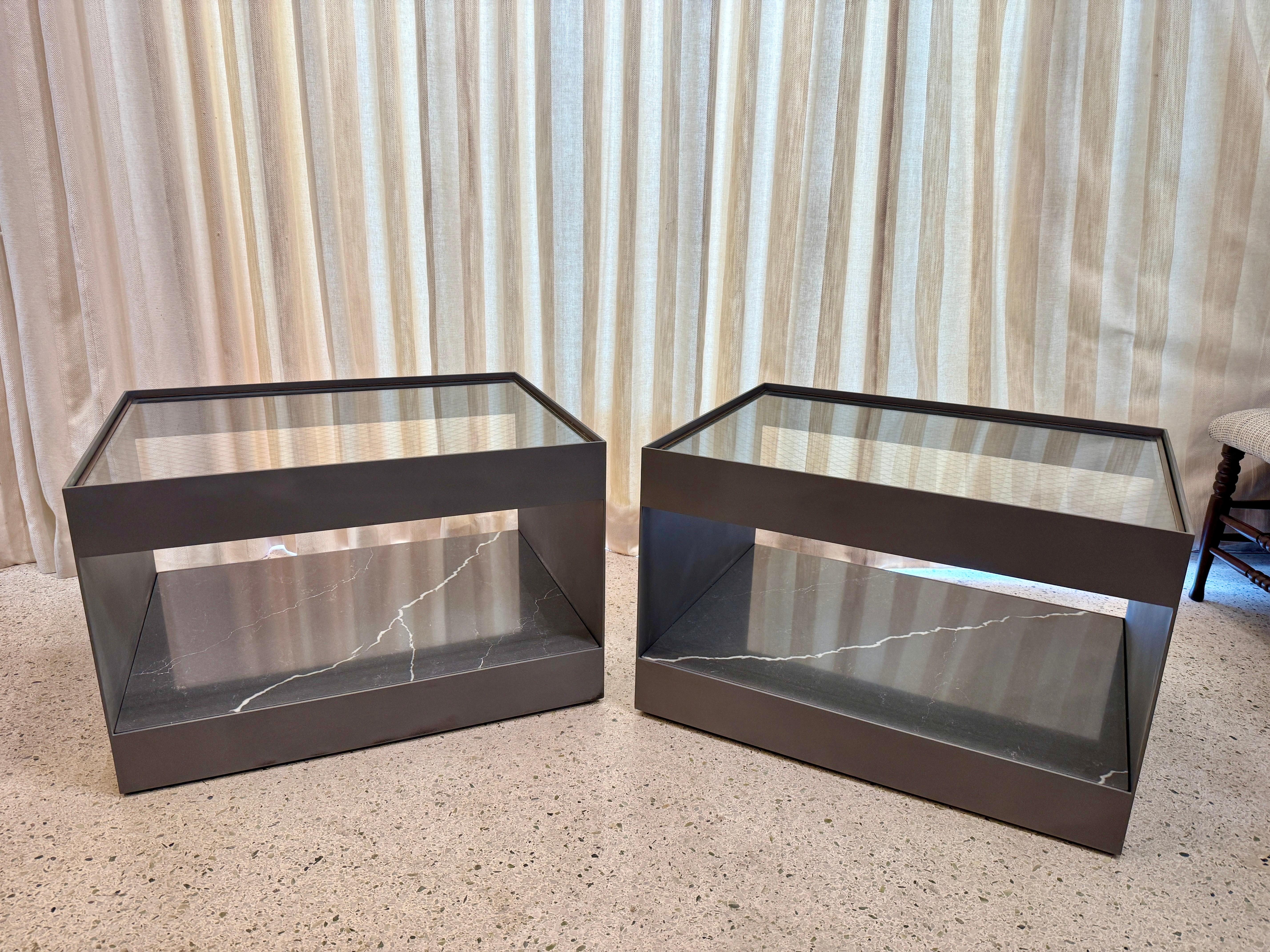 Two-Tier Safety Wire Glass Top & Brass Trim Side Tables on Casters, Pair For Sale 1