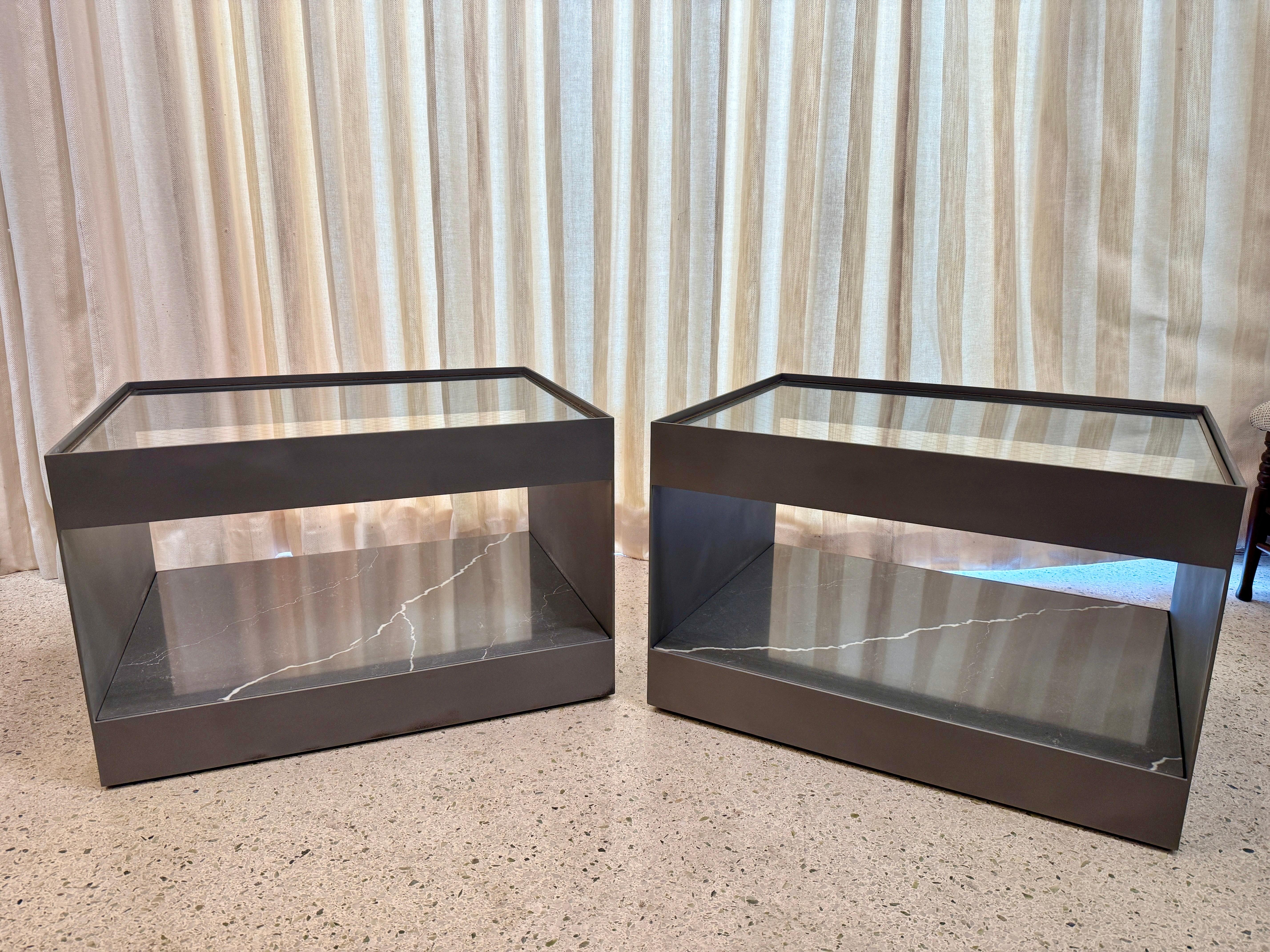 Two-Tier Safety Wire Glass Top & Brass Trim Side Tables on Casters, Pair For Sale 3