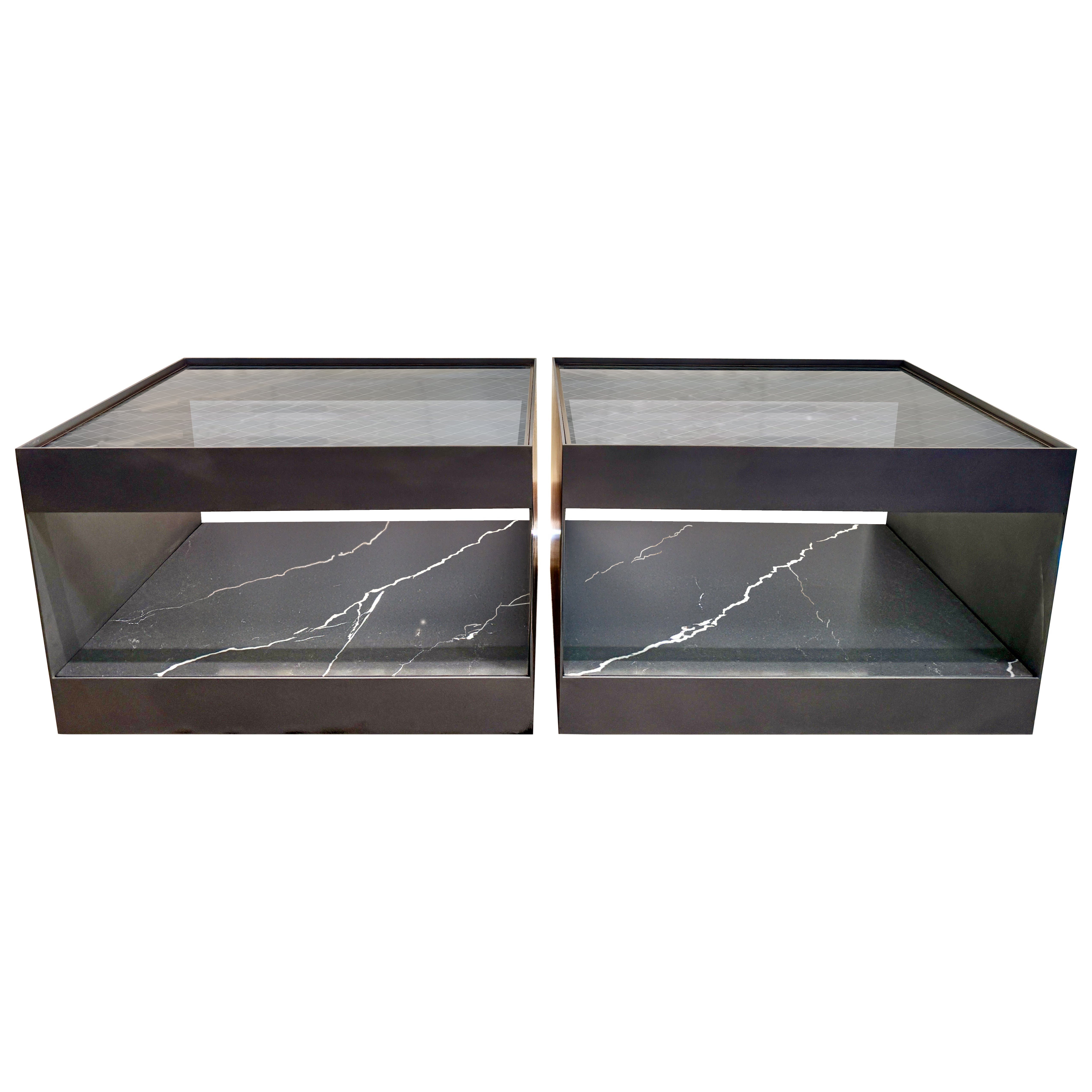 Two-Tier Safety Wire Glass Top & Brass Trim Side Tables on Casters, Pair For Sale