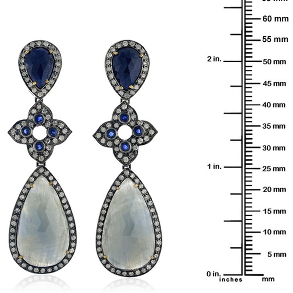 Artisan Two-Tier Sapphire Dangle Earring with Diamond Motif in 18k Gold and Silver For Sale