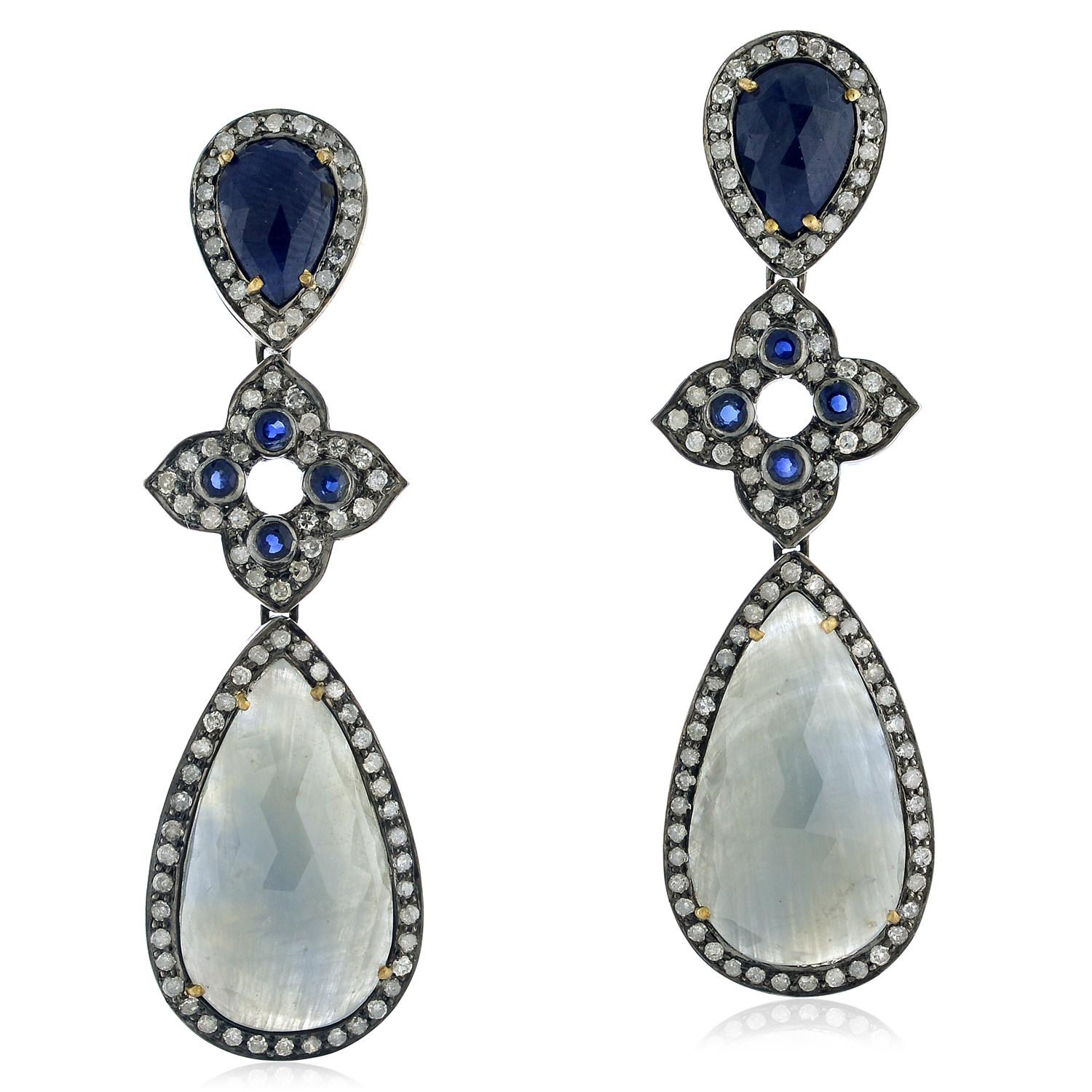 Pear Cut Two-Tier Sapphire Dangle Earring with Diamond Motif in 18k Gold and Silver For Sale