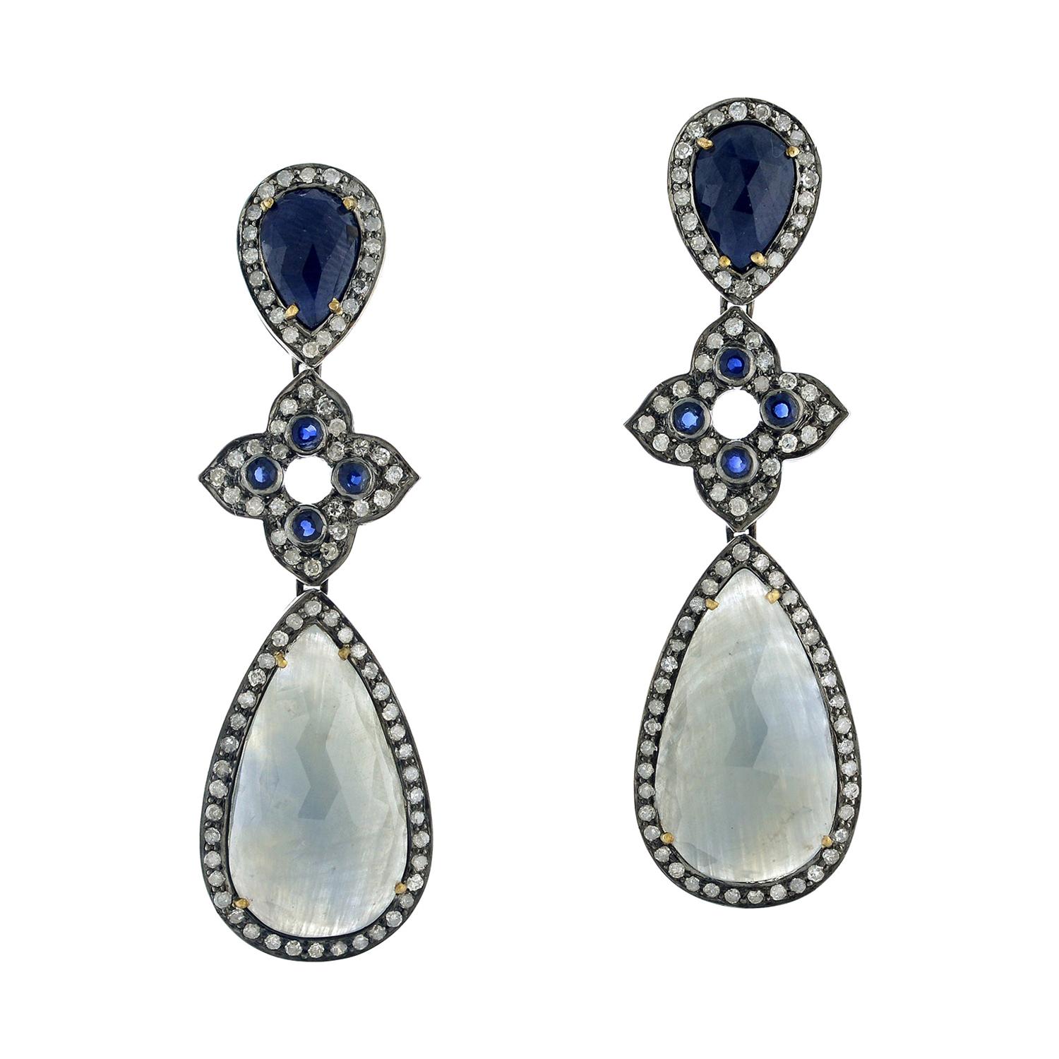 Two-Tier Sapphire Dangle Earring with Diamond Motif in 18k Gold and Silver For Sale