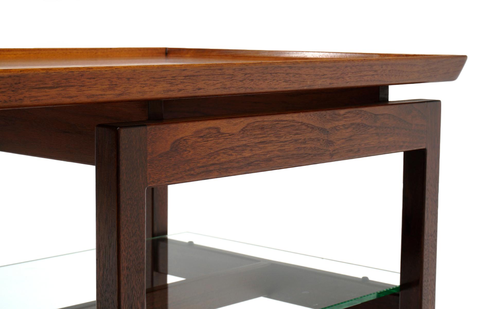 Two Tier Side Table, Walnut and Glass, Rectangular by Jens Risom, Signed In Good Condition In Kansas City, MO