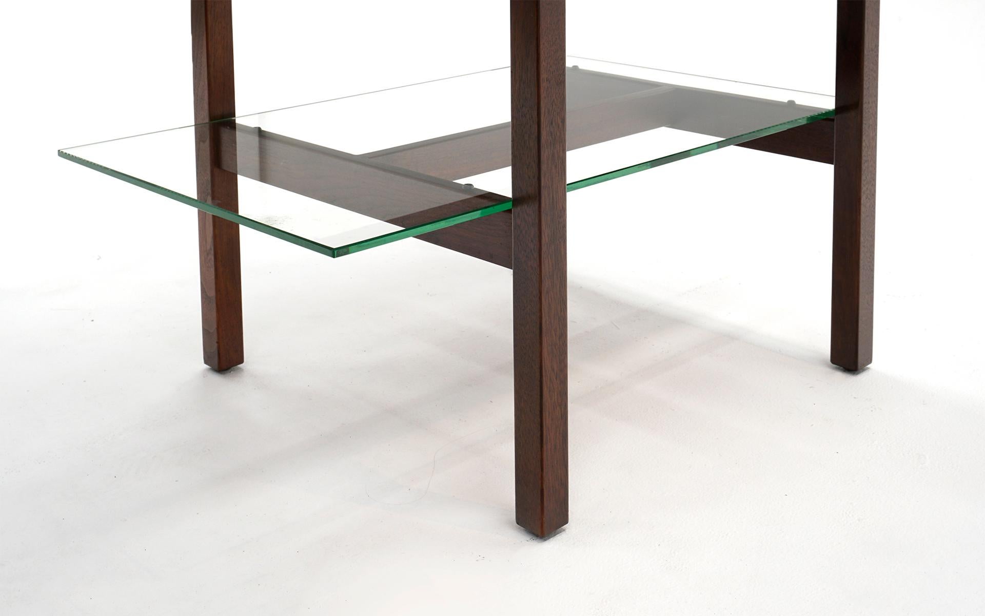 Mid-20th Century Two Tier Side Table, Walnut and Glass, Rectangular by Jens Risom, Signed