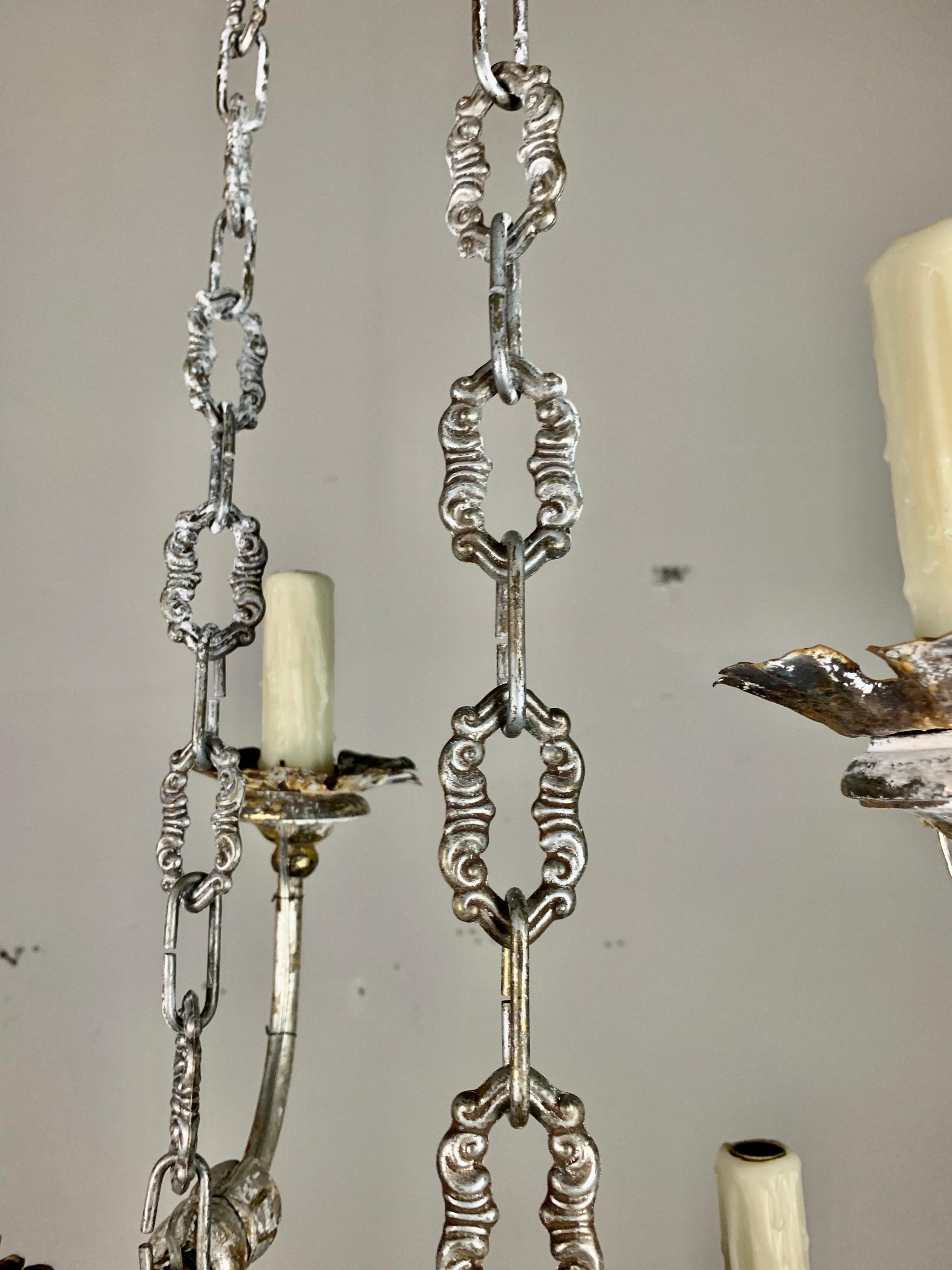Two-Tier Silvered Wood and Metal Chandelier For Sale 5