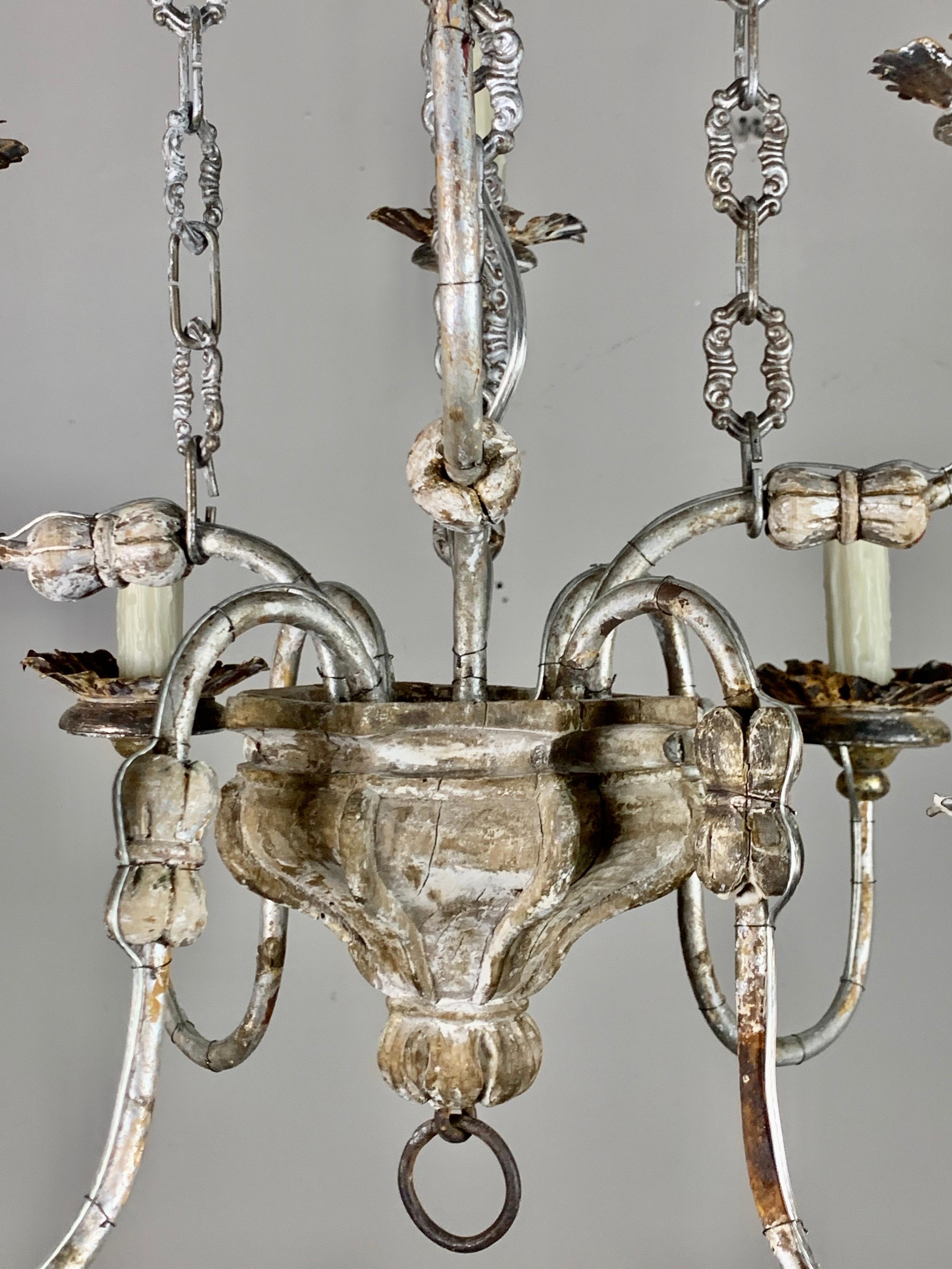 Mid-20th Century Two-Tier Silvered Wood and Metal Chandelier For Sale