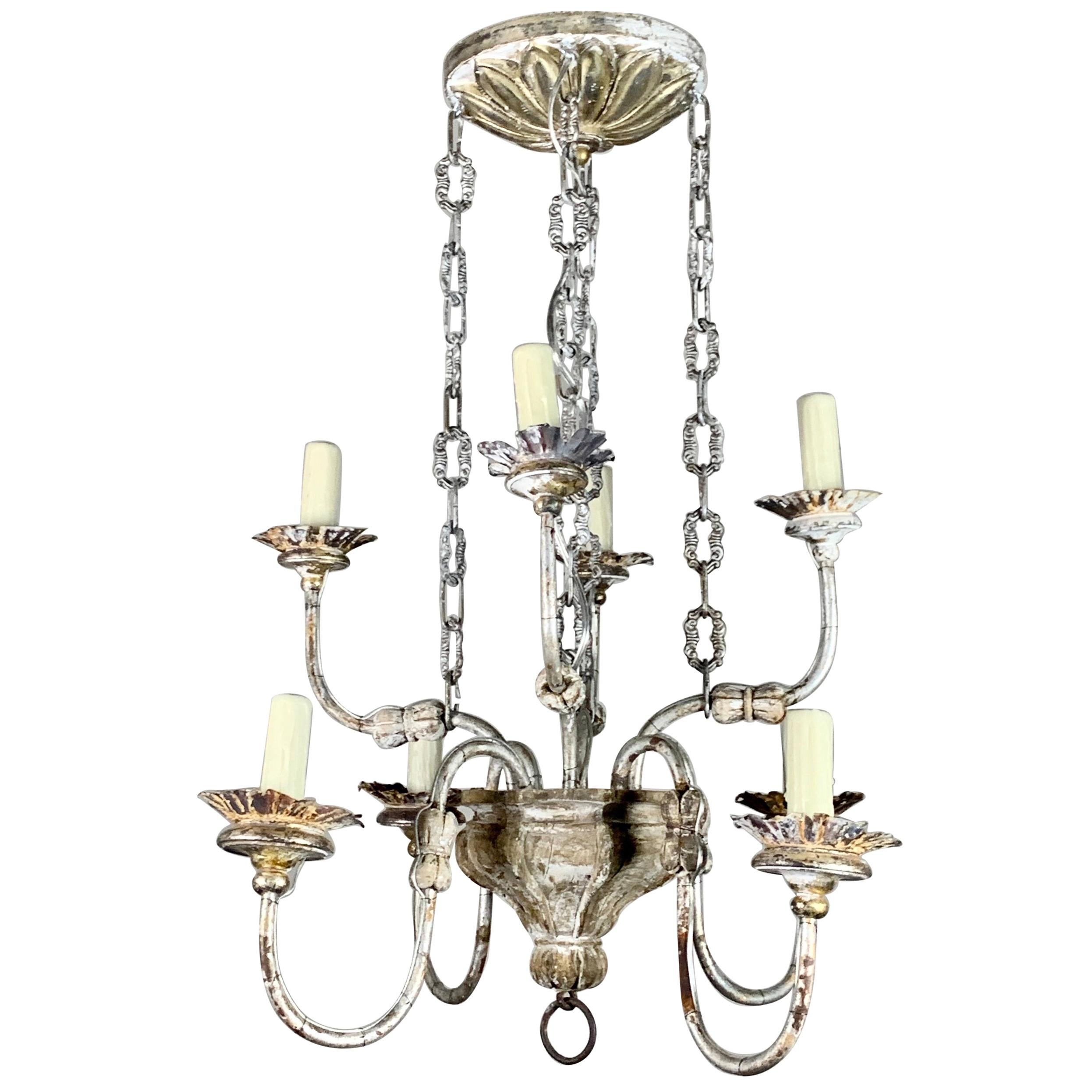 Two-Tier Silvered Wood and Metal Chandelier For Sale