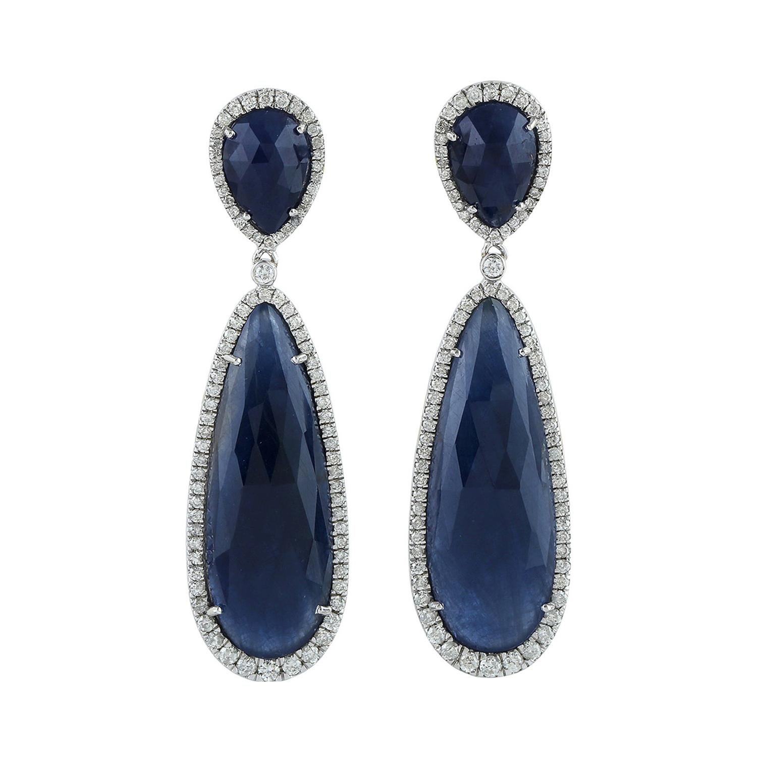 Two-Tier Slice Sapphire and Diamond Dangle Drop Earring in 18k White Gold