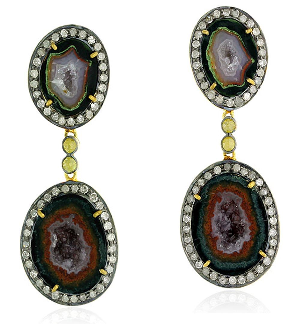 Two Tier Sliced Geode Dangle Earrings with Pave Diamonds in 18k Gold & Silver In New Condition For Sale In New York, NY