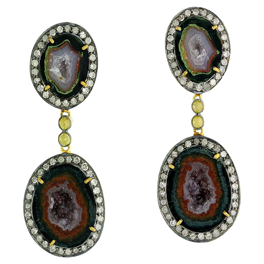 Two Tier Sliced Geode Dangle Earrings with Pave Diamonds in 18k Gold & Silver