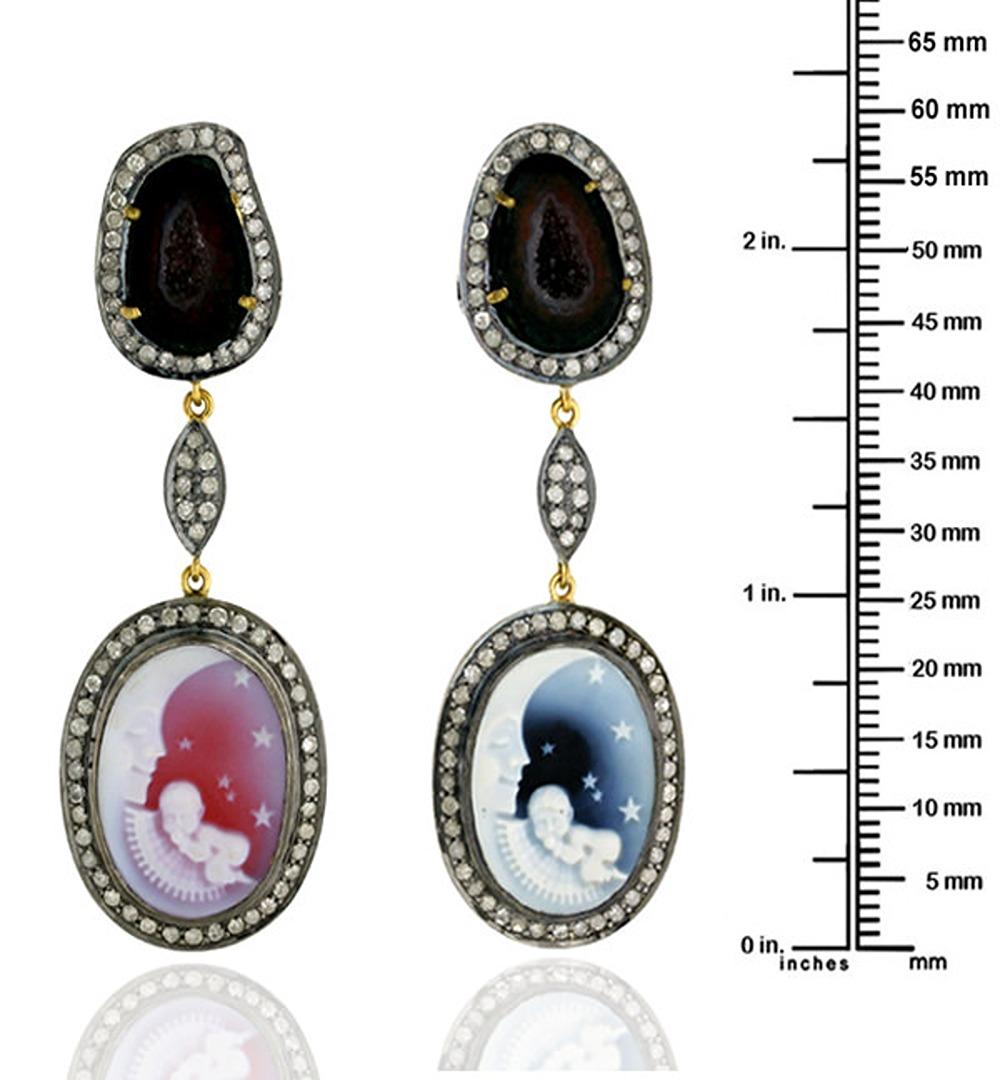 Artisan Two Tier Sliced Geode & Hand Carved Agate Dangle Earrings with Diamonds For Sale