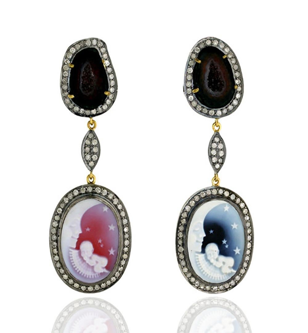 Mixed Cut Two Tier Sliced Geode & Hand Carved Agate Dangle Earrings with Diamonds For Sale