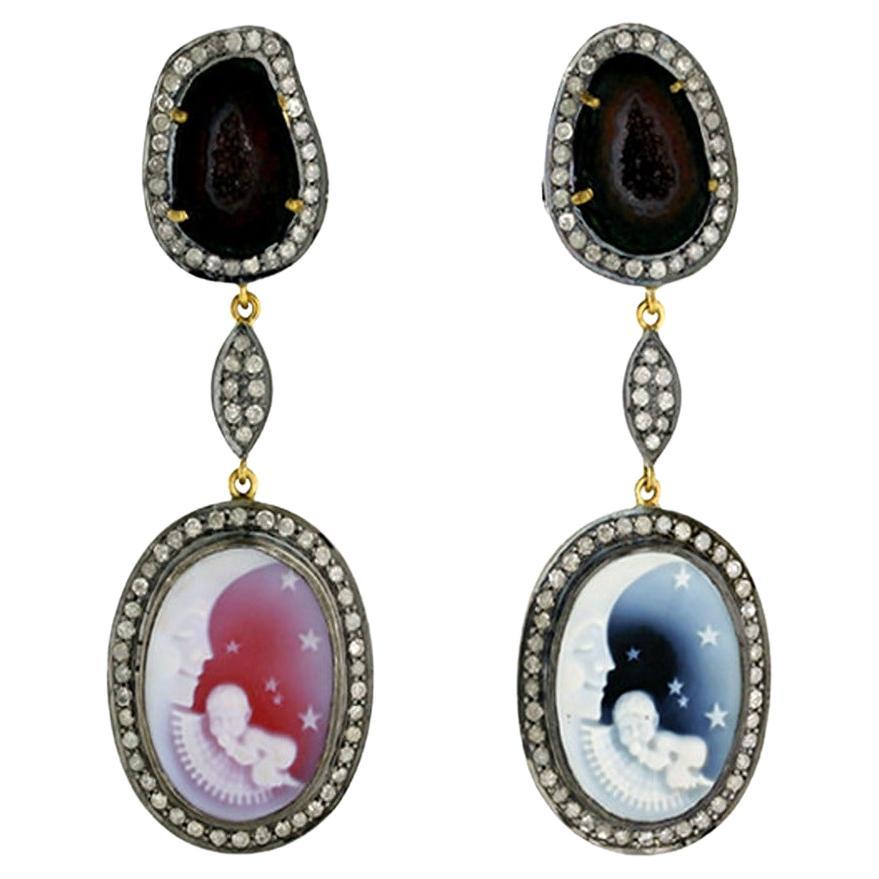 Two Tier Sliced Geode & Hand Carved Agate Dangle Earrings with Diamonds For Sale