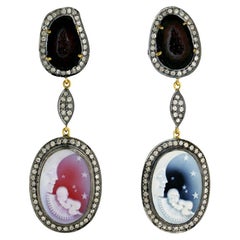 Two Tier Sliced Geode & Hand Carved Agate Dangle Earrings with Diamonds