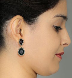 Two Tier Sliced Multicolor Oval Shaped Geode Dangle Earrings with Pave Diamonds
